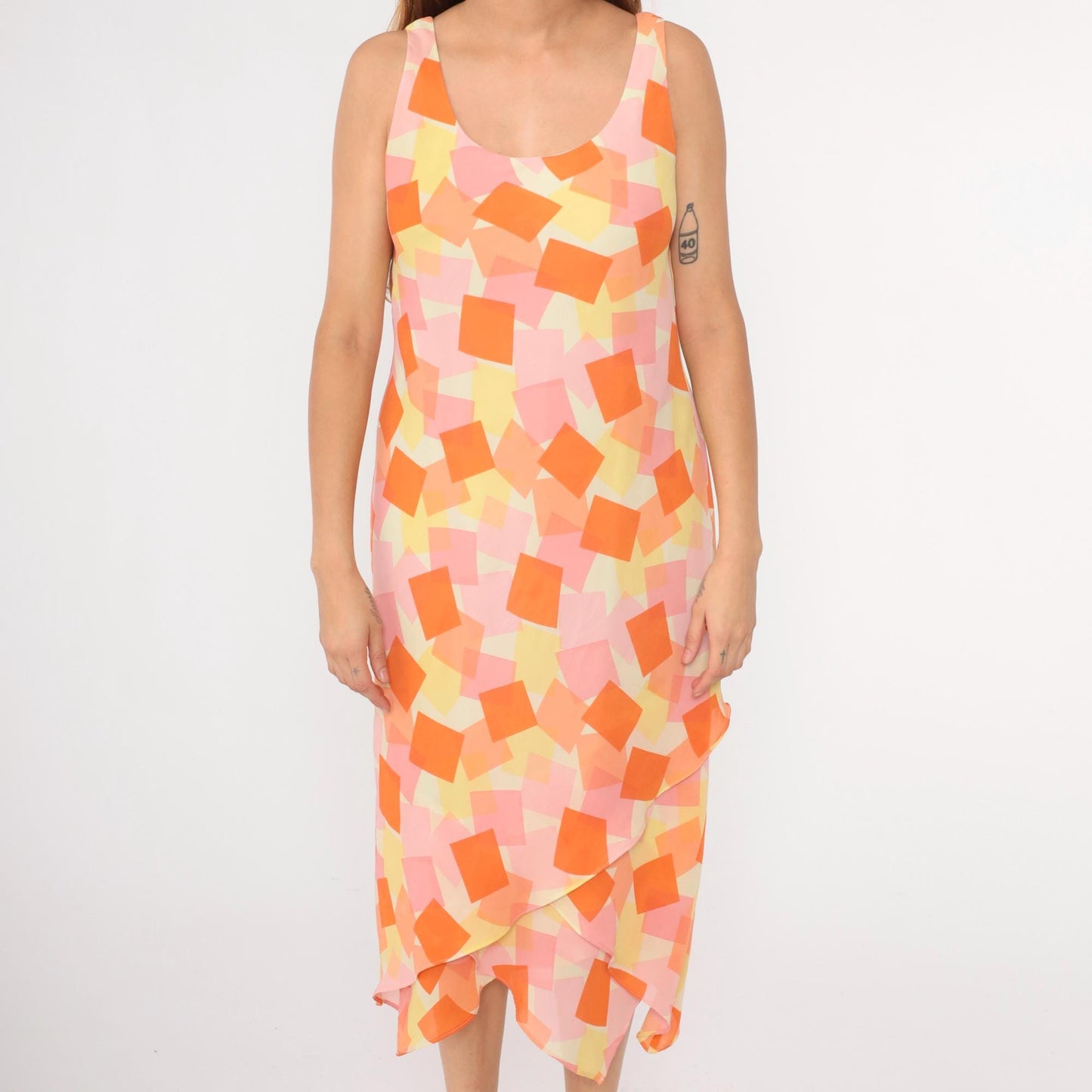 Y2K Geometric Asymmetrical Hanky Hem Shift Dress Orange Pink Yellow Large 12