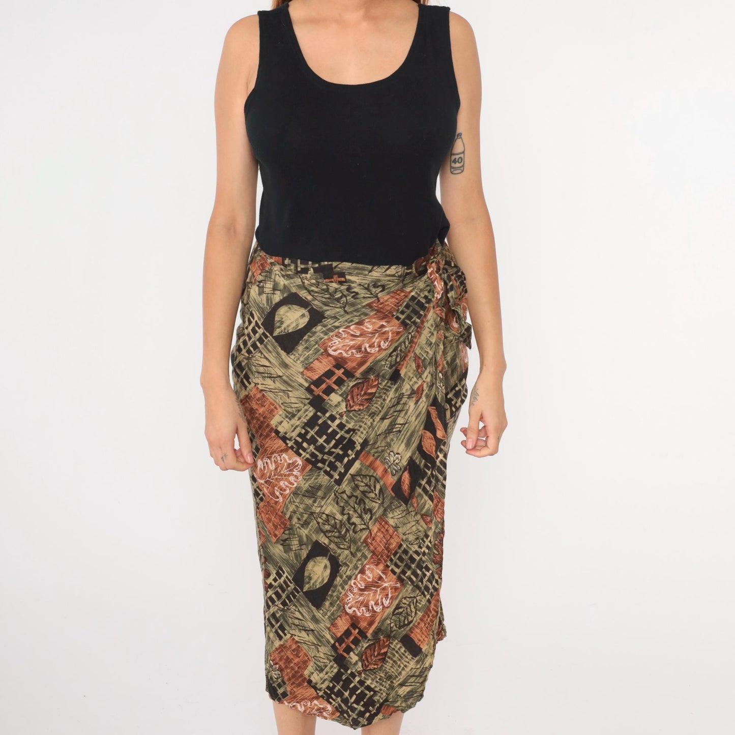 90s UM & Company Leaf Print Midi Dress Black High Waist Wrap Sleeveless Medium