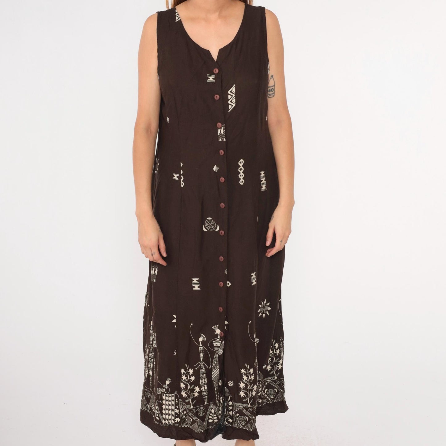 Y2K African Print Maxi Dress Brown Button-Up Sleeveless Geometric Cage Back Extra Large XL
