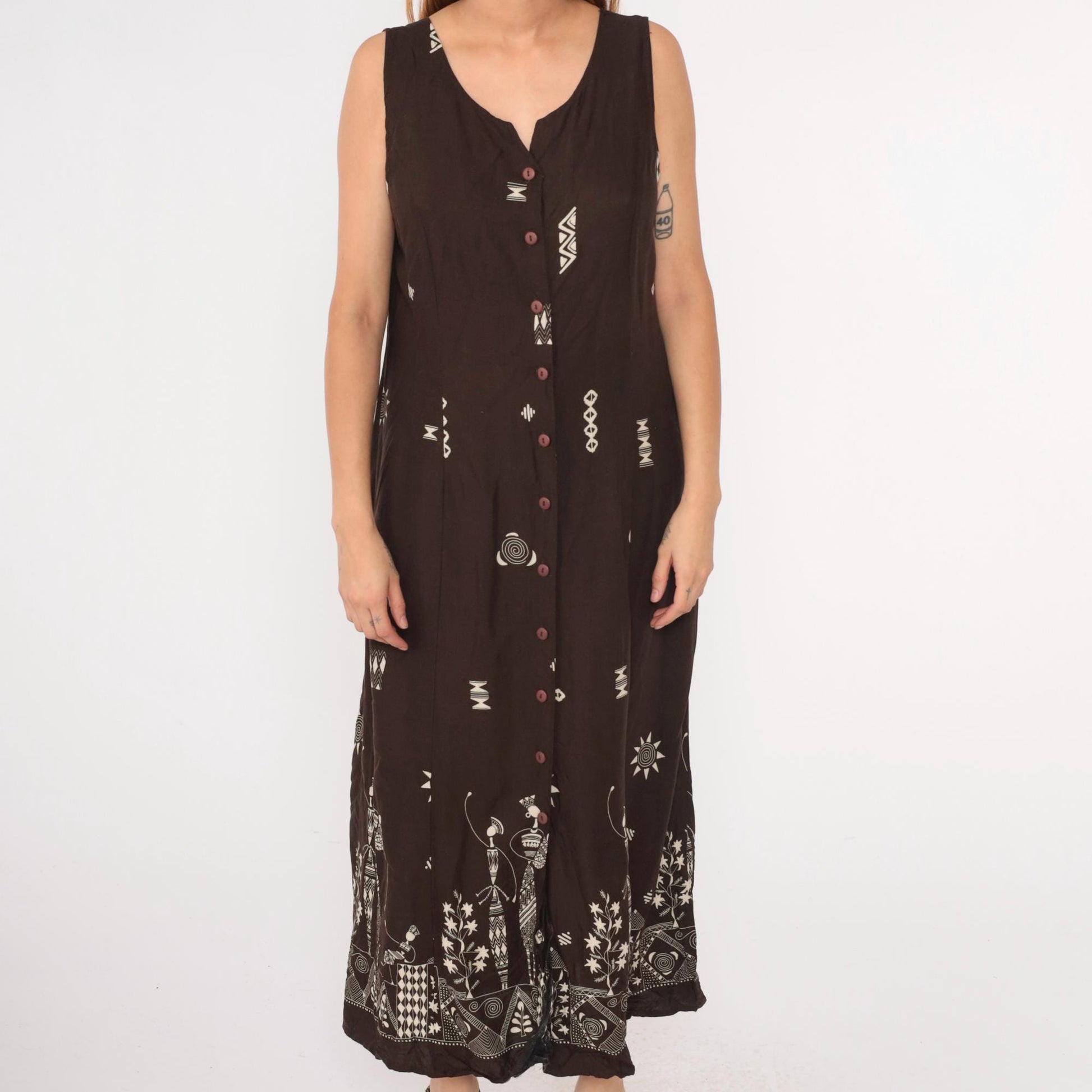 Y2K African Print Maxi Dress Brown Button-Up Sleeveless Geometric Cage Back Extra Large XL