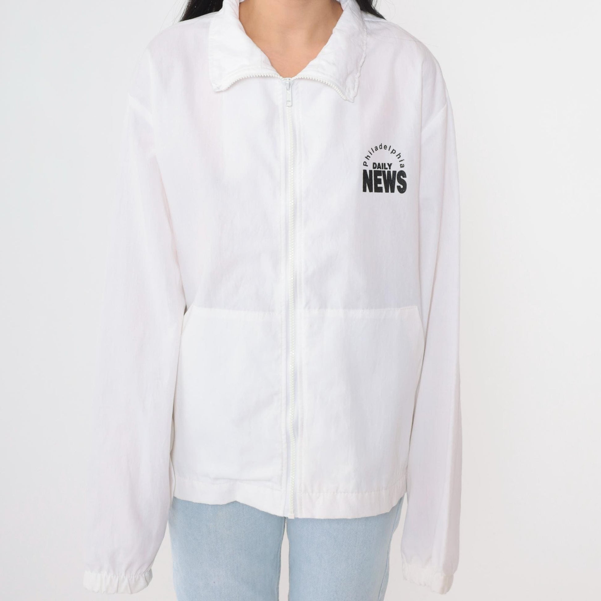 90s Philadelphia Daily News Windbreaker Jacket White Zip-Up Large
