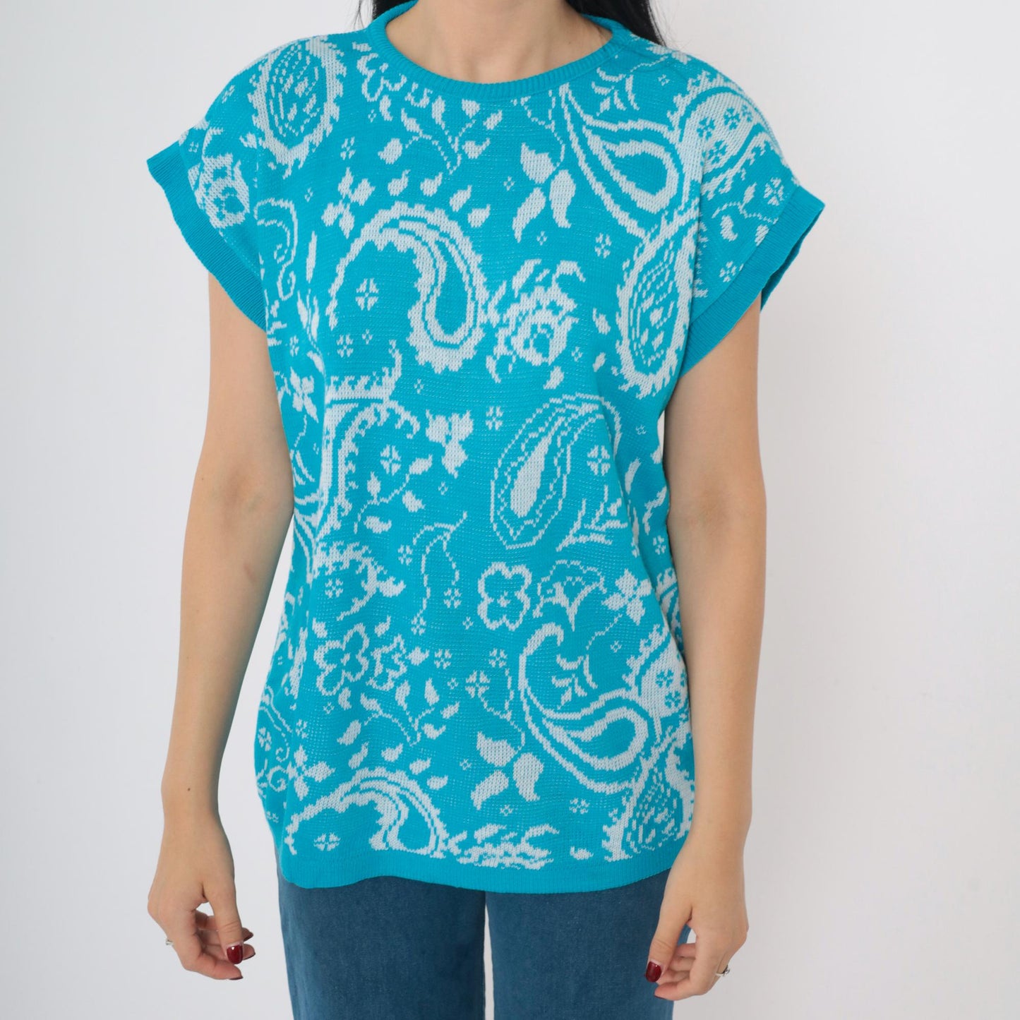 80s Blue Paisley Floral Knit Sweater Top Short Sleeve Medium M
