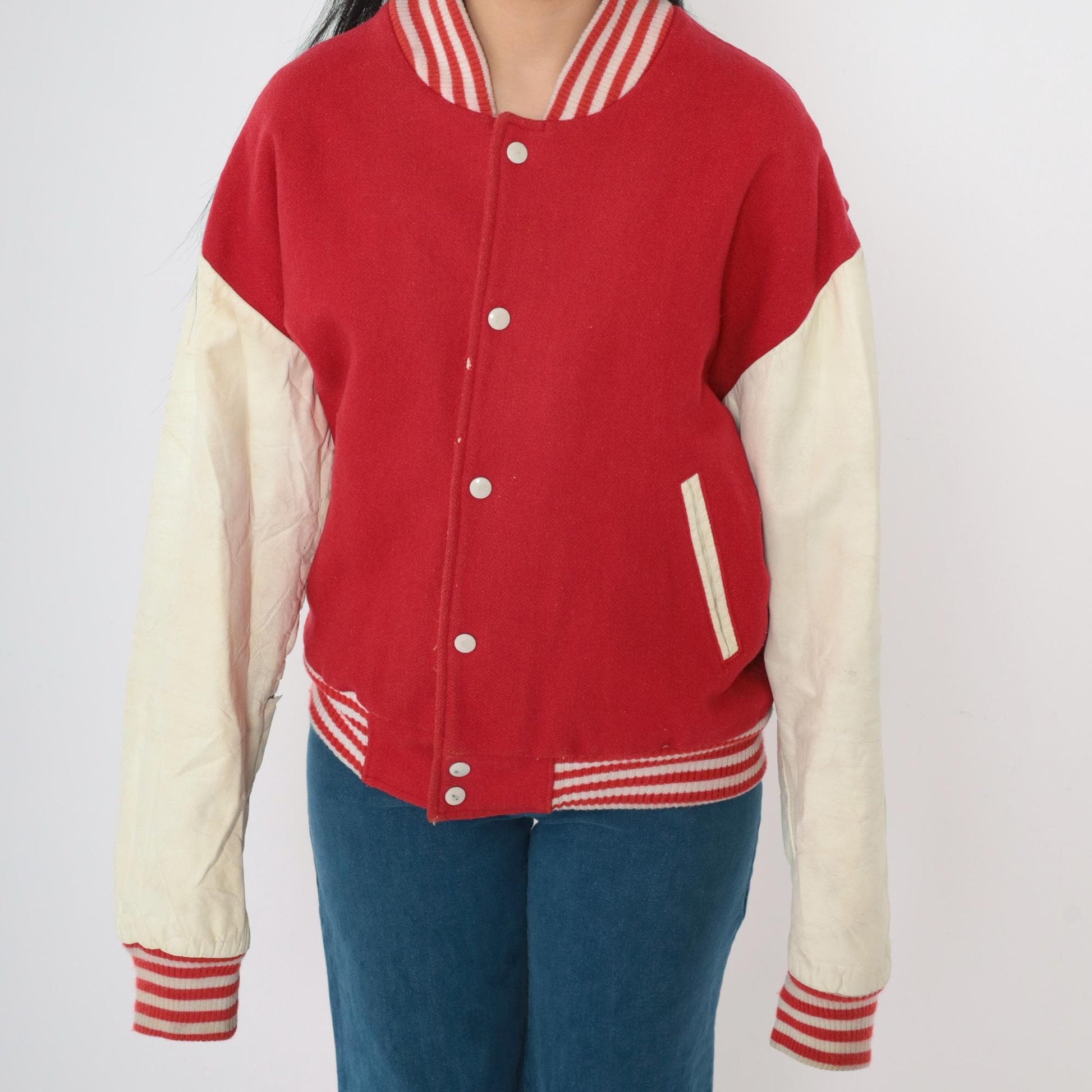 80s Red Wool Varsity Jacket Leather Sleeves Distressed Snap Medium M