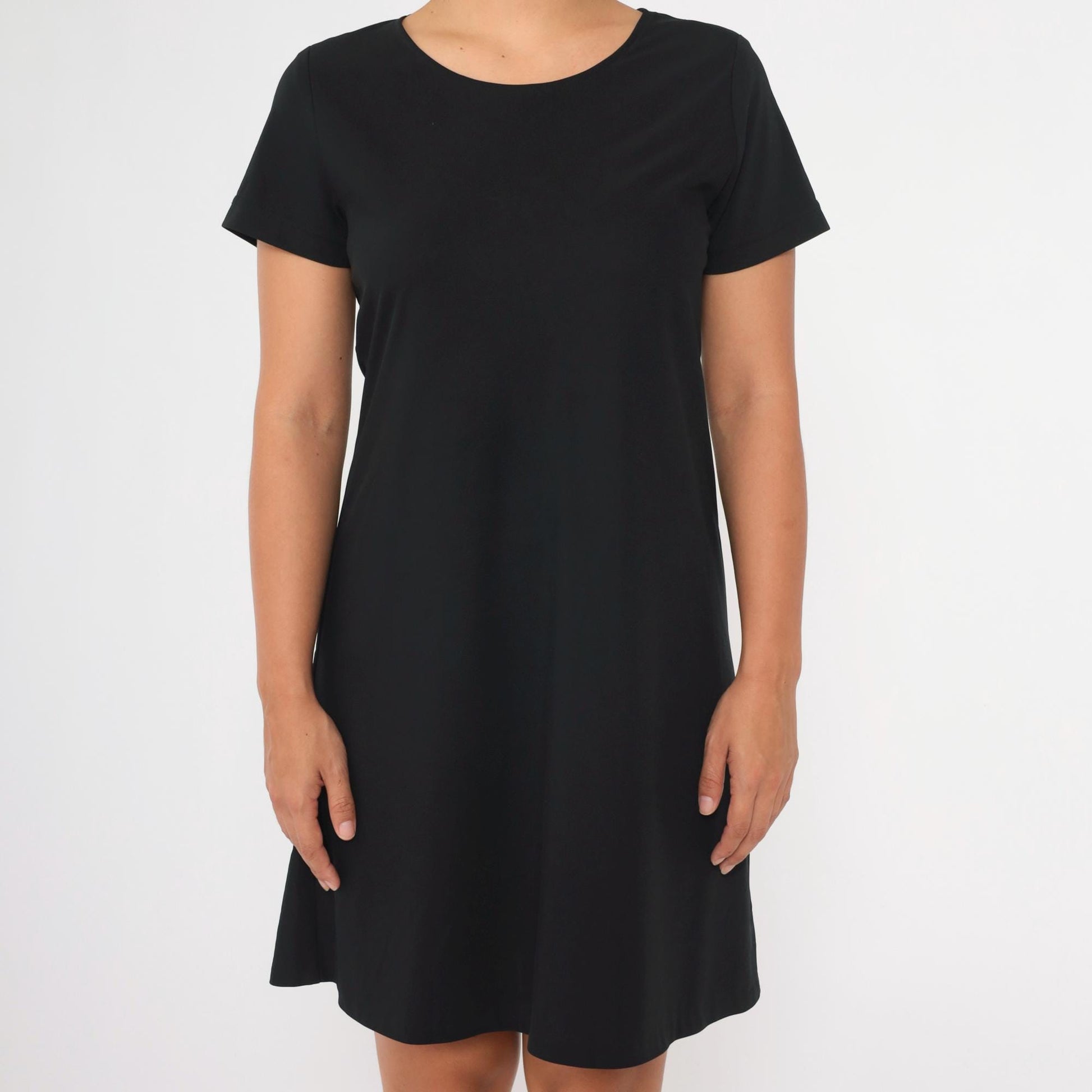 90s Black Mini Shift Dress Short Sleeve Pullover Medium Petite