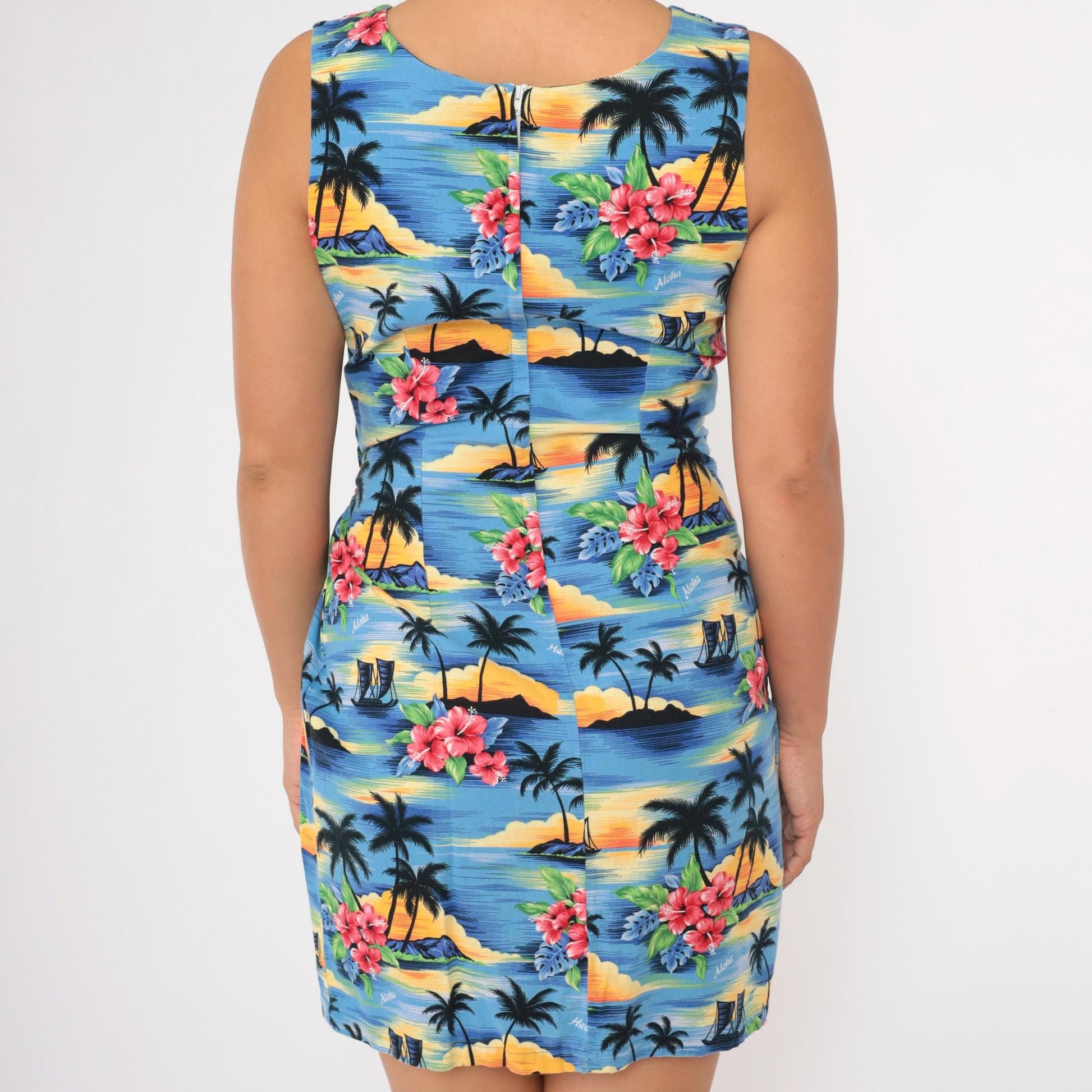 Y2K Hawaiian Tropical Mini Dress Palm Tree Print Blue Sleeveless Small