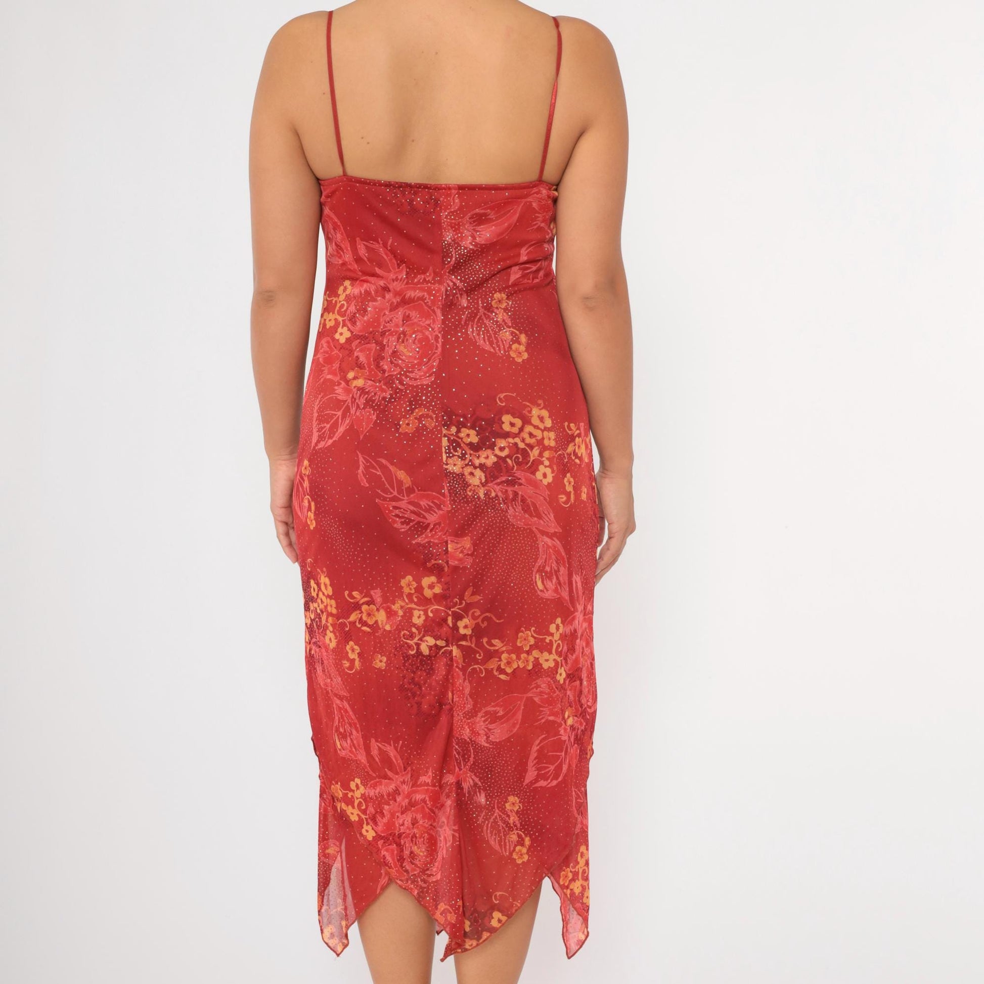 Y2K Red Floral Sparkle Chiffon Hanky Hem Midi Dress Medium