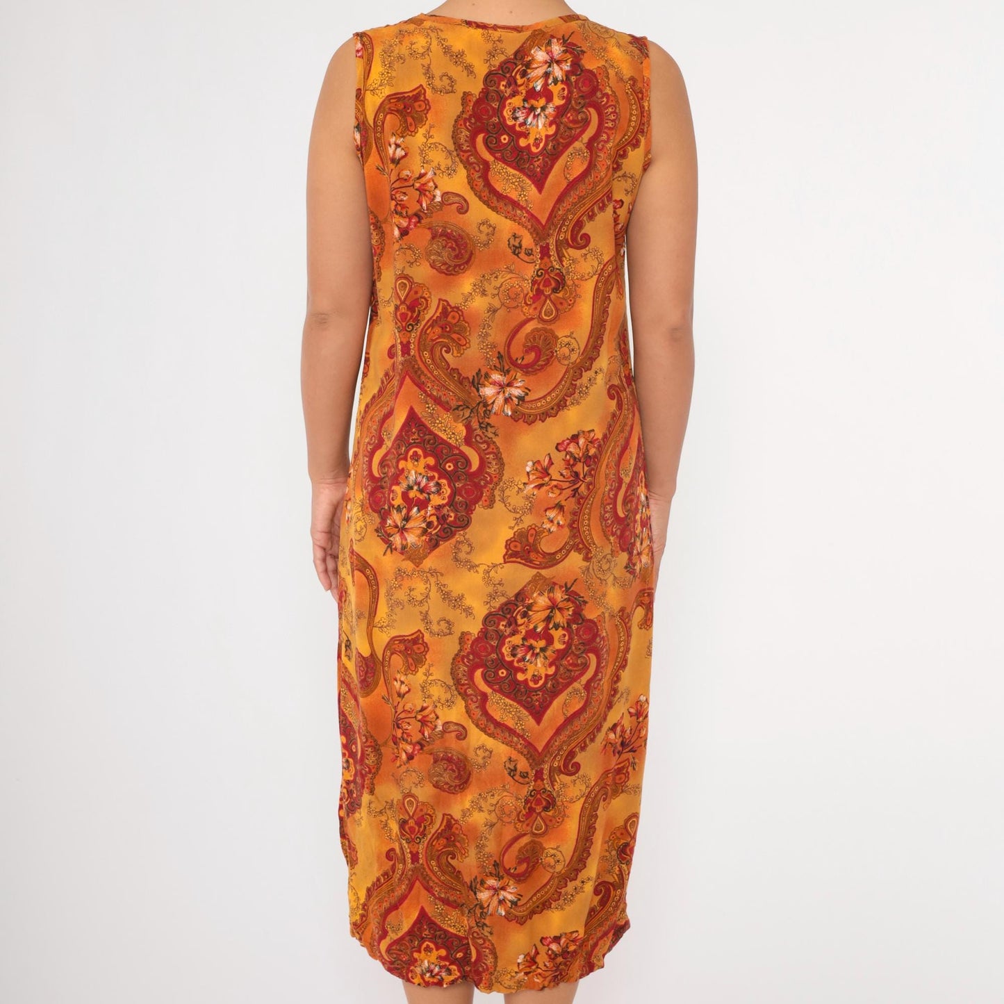 90s Floral Paisley Midi Dress Orange Red Rayon Sleeveless V-Neck Medium