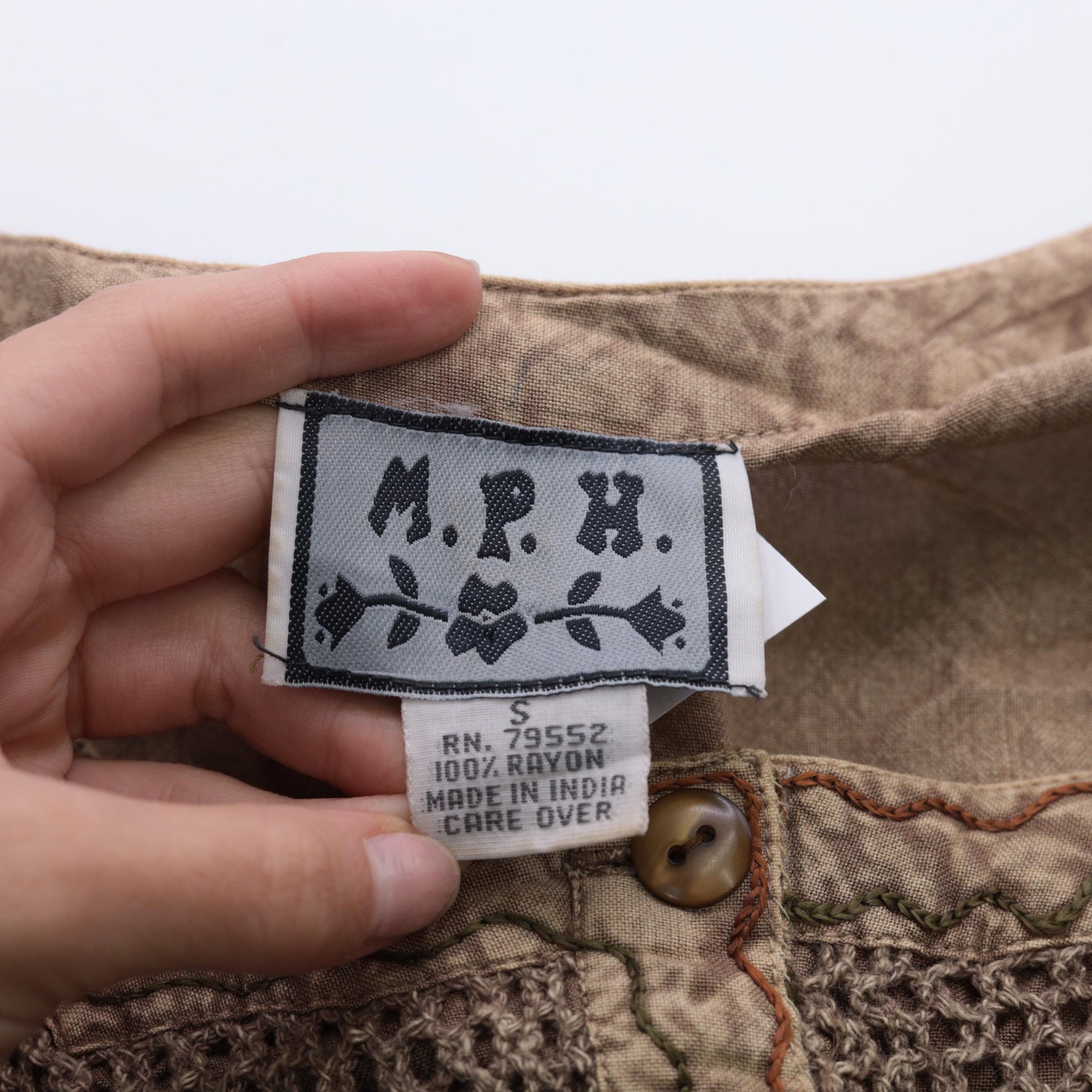 00s M.P.H. Embroidered Floral Maxi Dress Tan Button-Up Crochet Small S