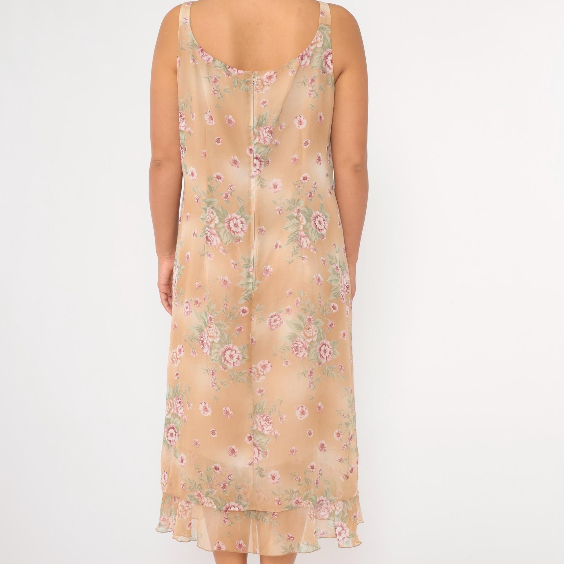 90s Sag Harbor Floral Chiffon Midi Dress Tan Tiered Sleeveless Large 14