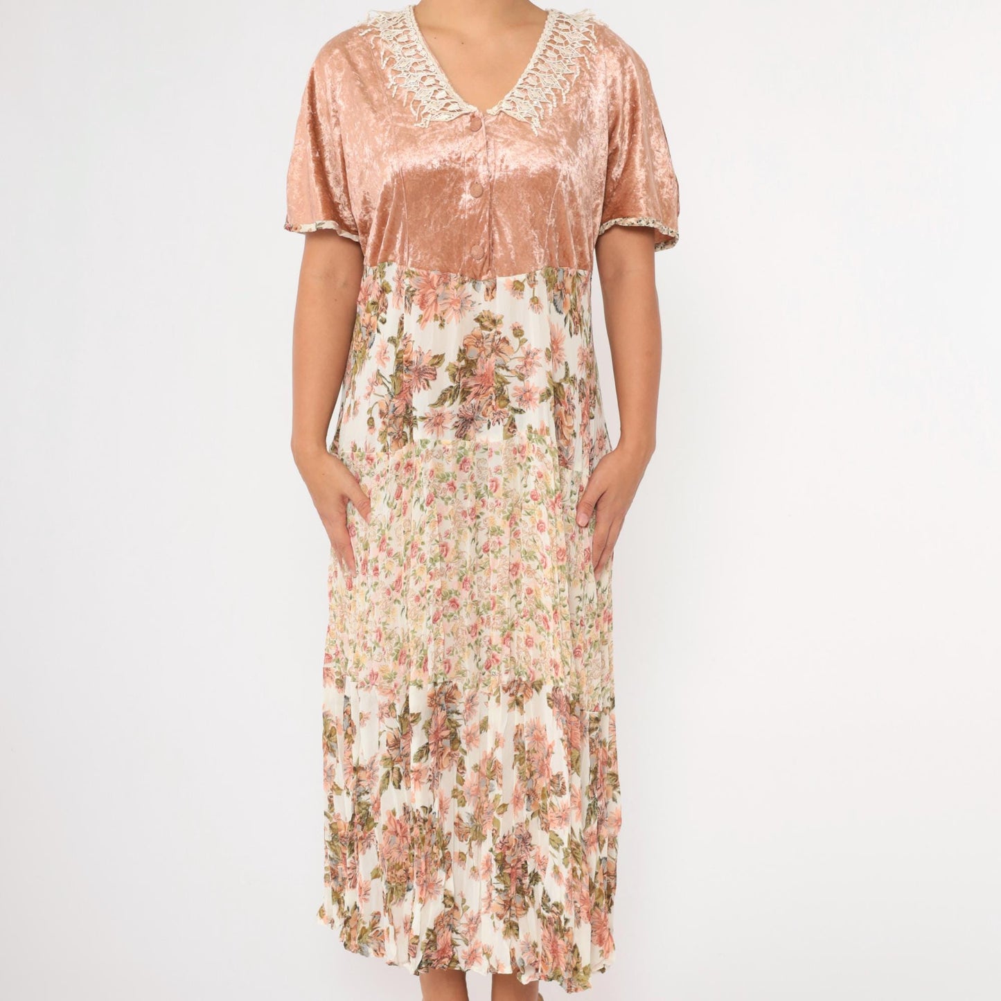 90s Velvet Gauze Tiered Floral Maxi Dress Blush Pink Lace Trim Large L