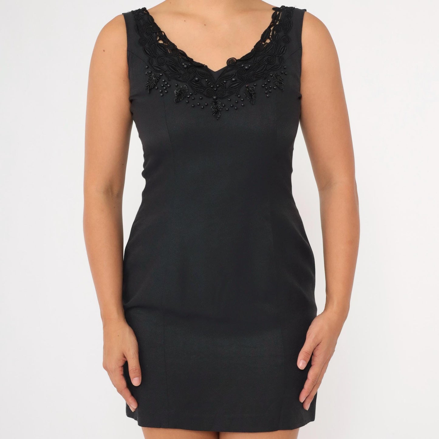 90s Nina K Black Beaded Mini Dress Lace Neckline Sheath Small