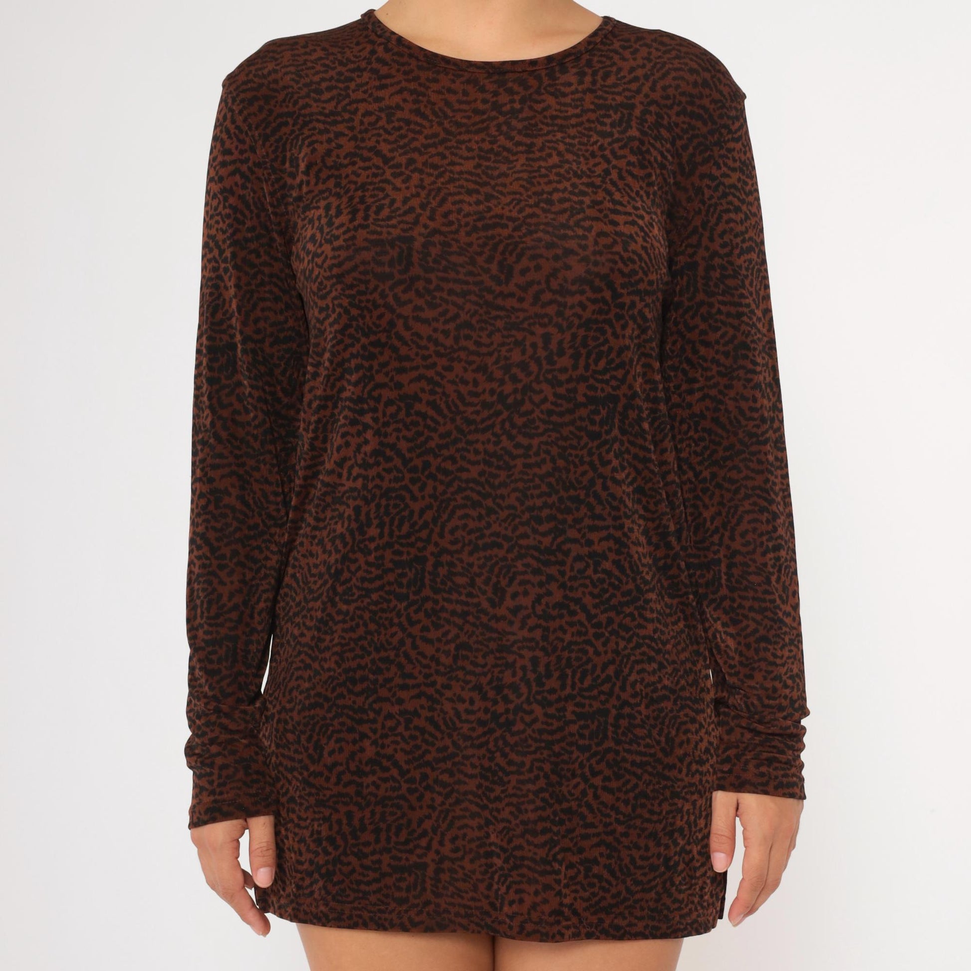 90s Nina Leonard Animal Print Mini Dress Long Sleeve Brown Black Small