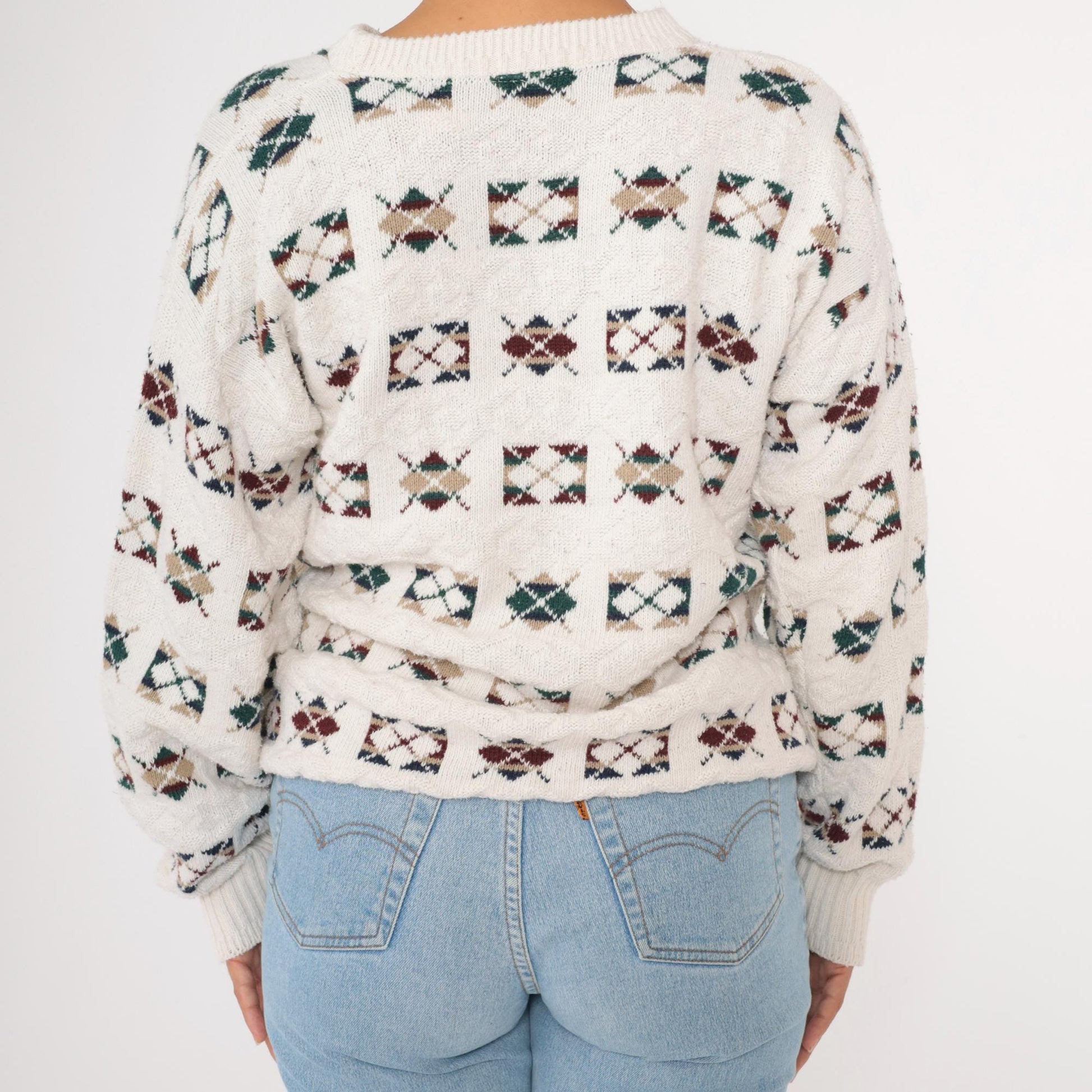 90s Argyle Sweater Off-White Cotton Crewneck Pullover Medium
