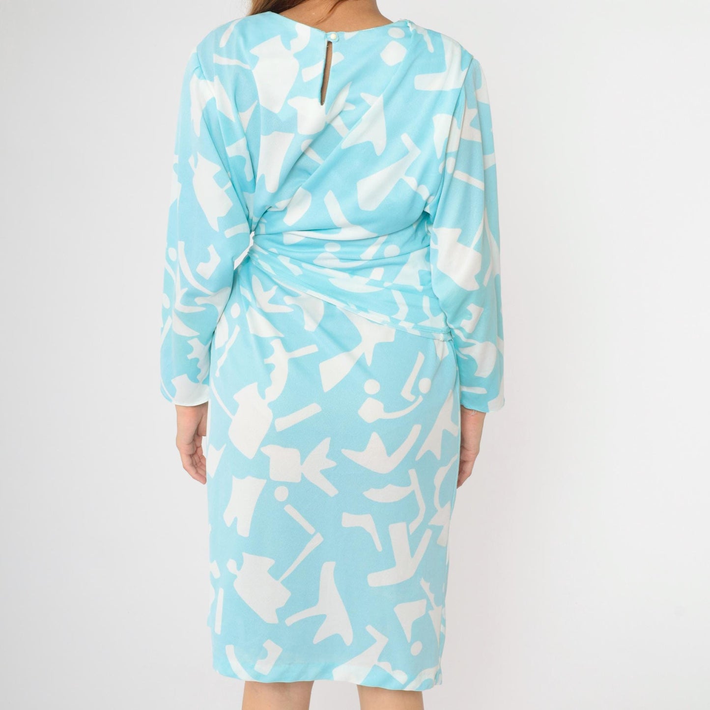 80s Blue White Abstract Geometric Dolman Sleeve Midi Dress Large L