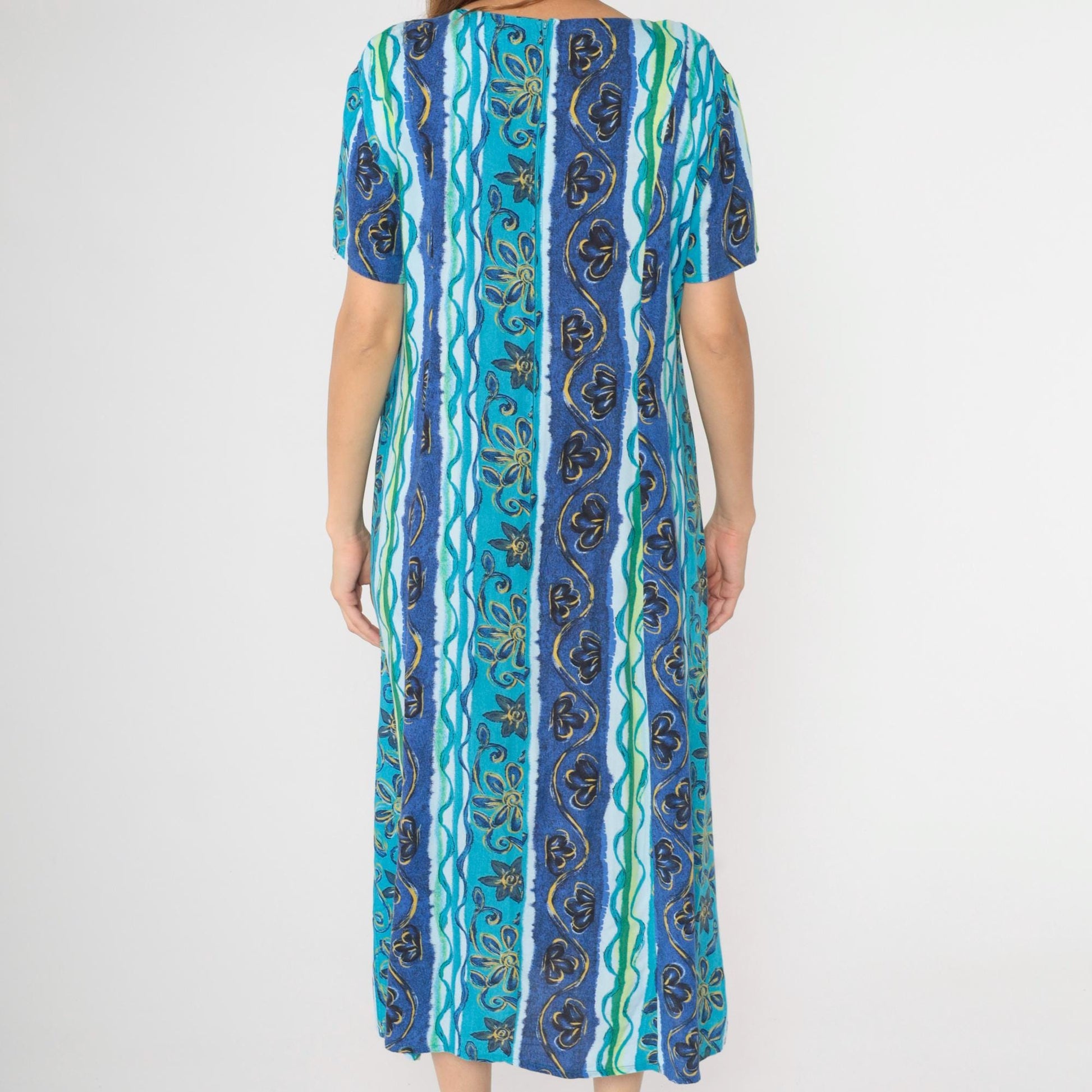 Y2K Blue Striped Floral Button-Up Midi Dress Short Sleeve Ankle Length Size 16