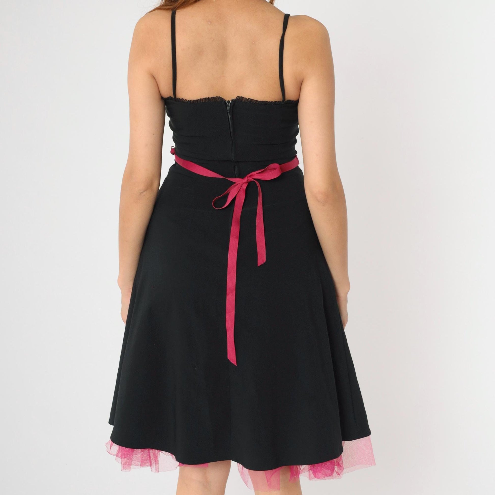 90s City Triangles Black Midi Dress Hot Pink Tulle Spaghetti Strap Small