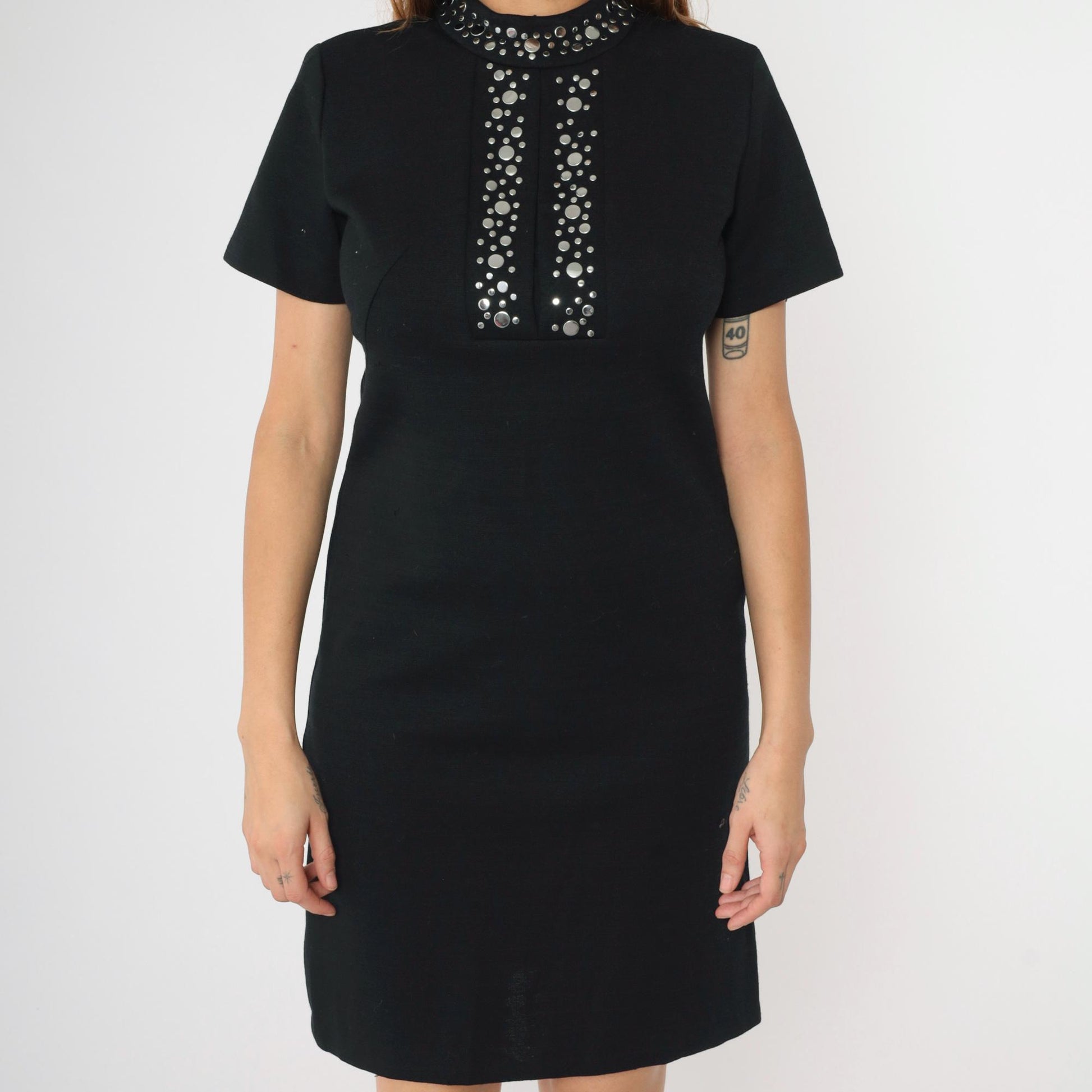 60s Black Wool Mini Shift Dress Studded Neckline Small S