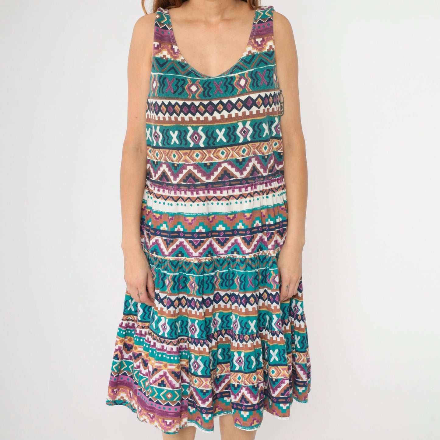 90s Fredericks of Hollywood Southwestern Midi Dress Geometric Patchwork Sleeveless Small