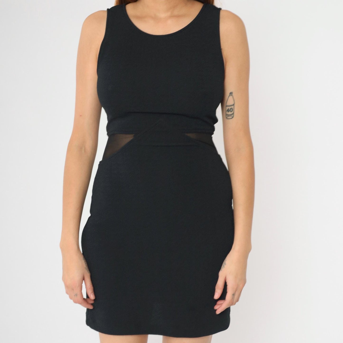 90s Black Bodycon Mini Dress Sheer Mesh Waist Cut Out Sleeveless Small