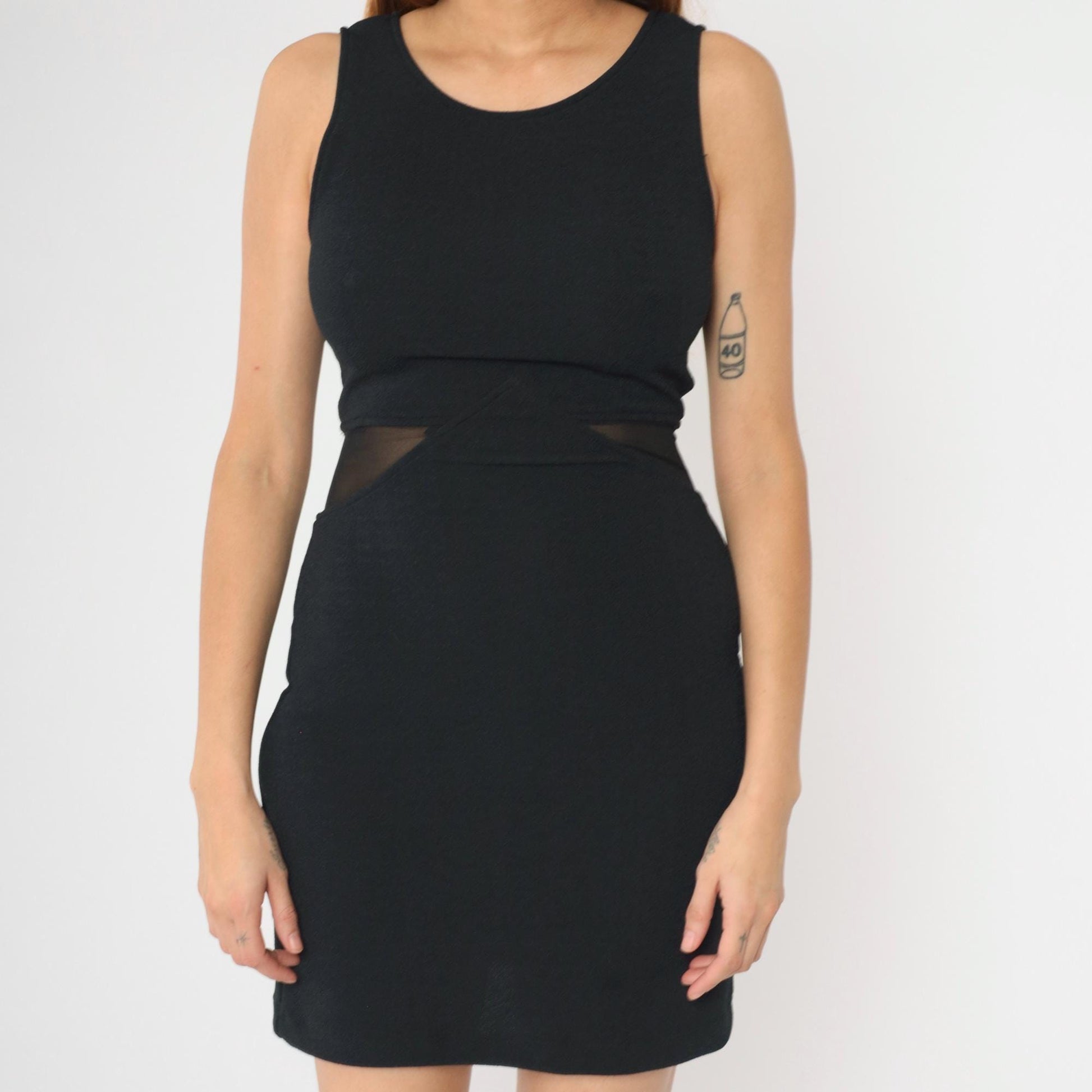 90s Black Bodycon Mini Dress Sheer Mesh Waist Cut Out Sleeveless Small
