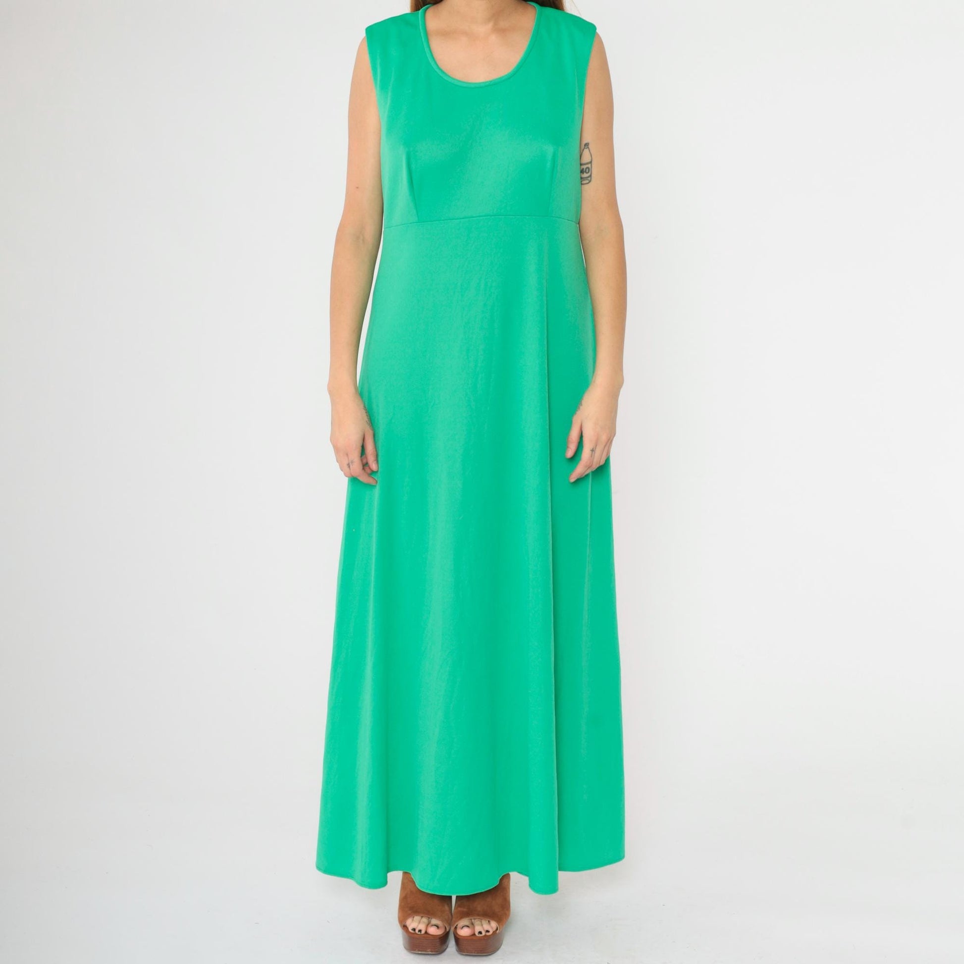 70s Green Maxi Dress Sleeveless High Waist Lily Lynn Large L