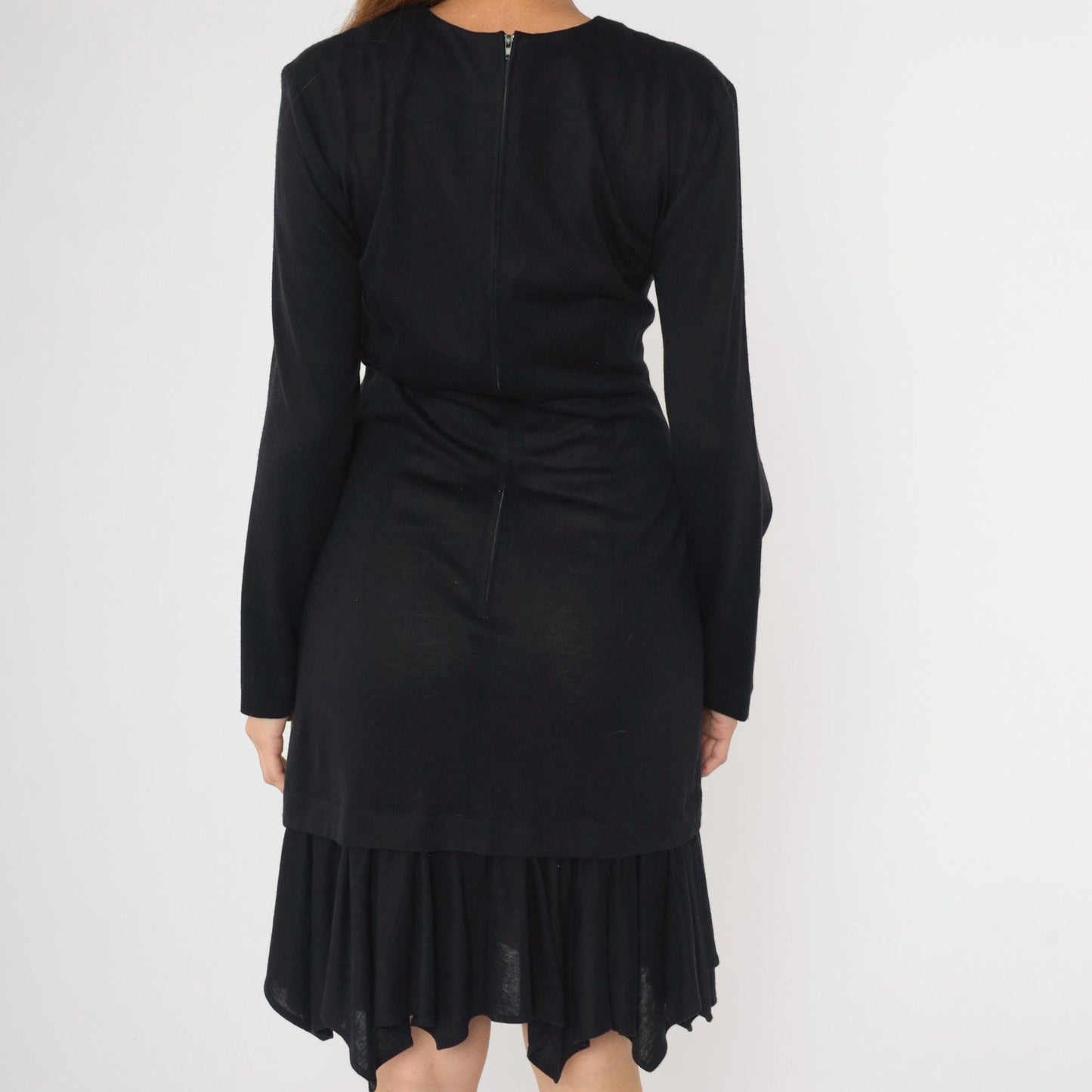 90s Black Knit Dress Asymmetric Layered Hem Long Sleeve Midi Medium