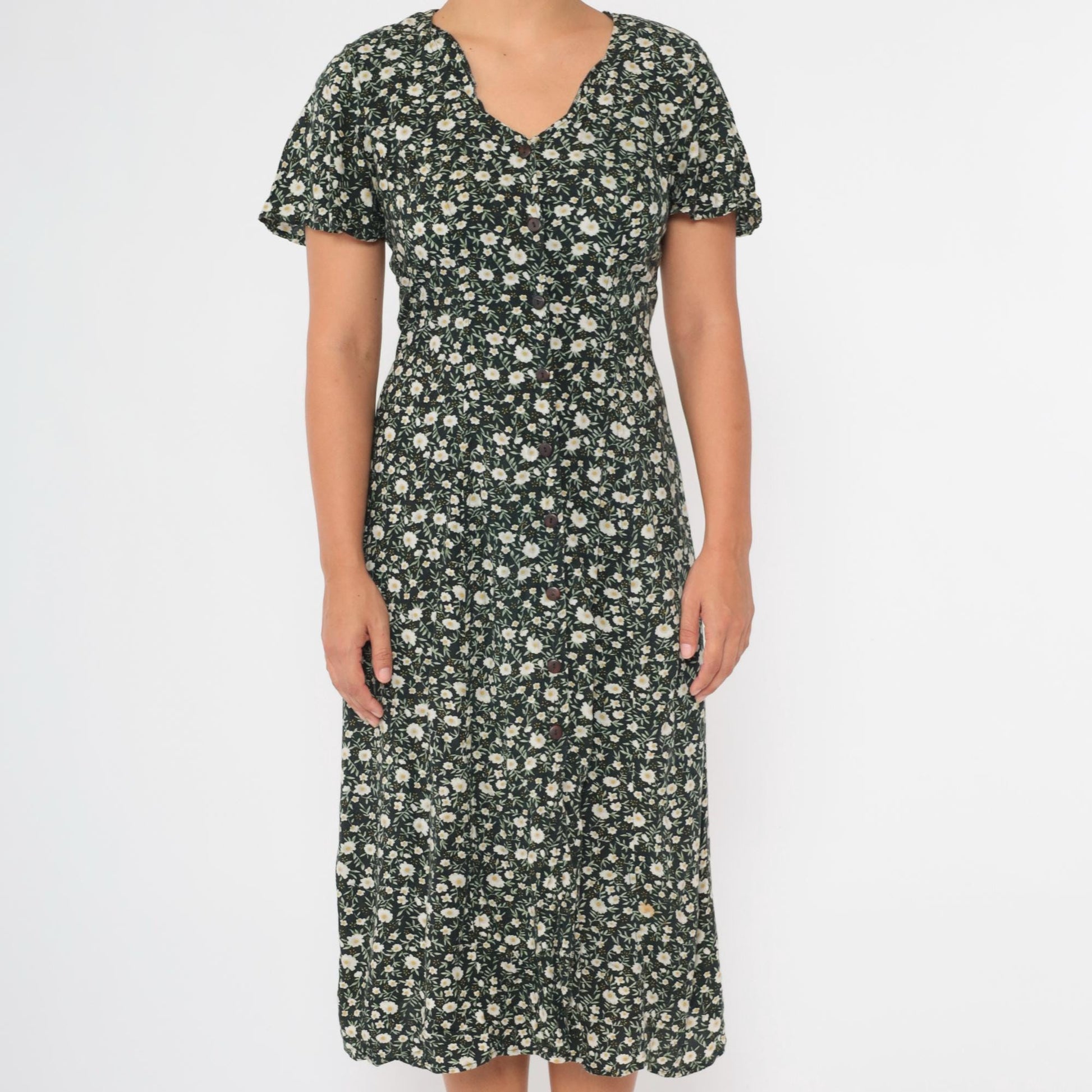 90s Black Floral Midi Dress Flutter Sleeve Button-Up Green White Small S