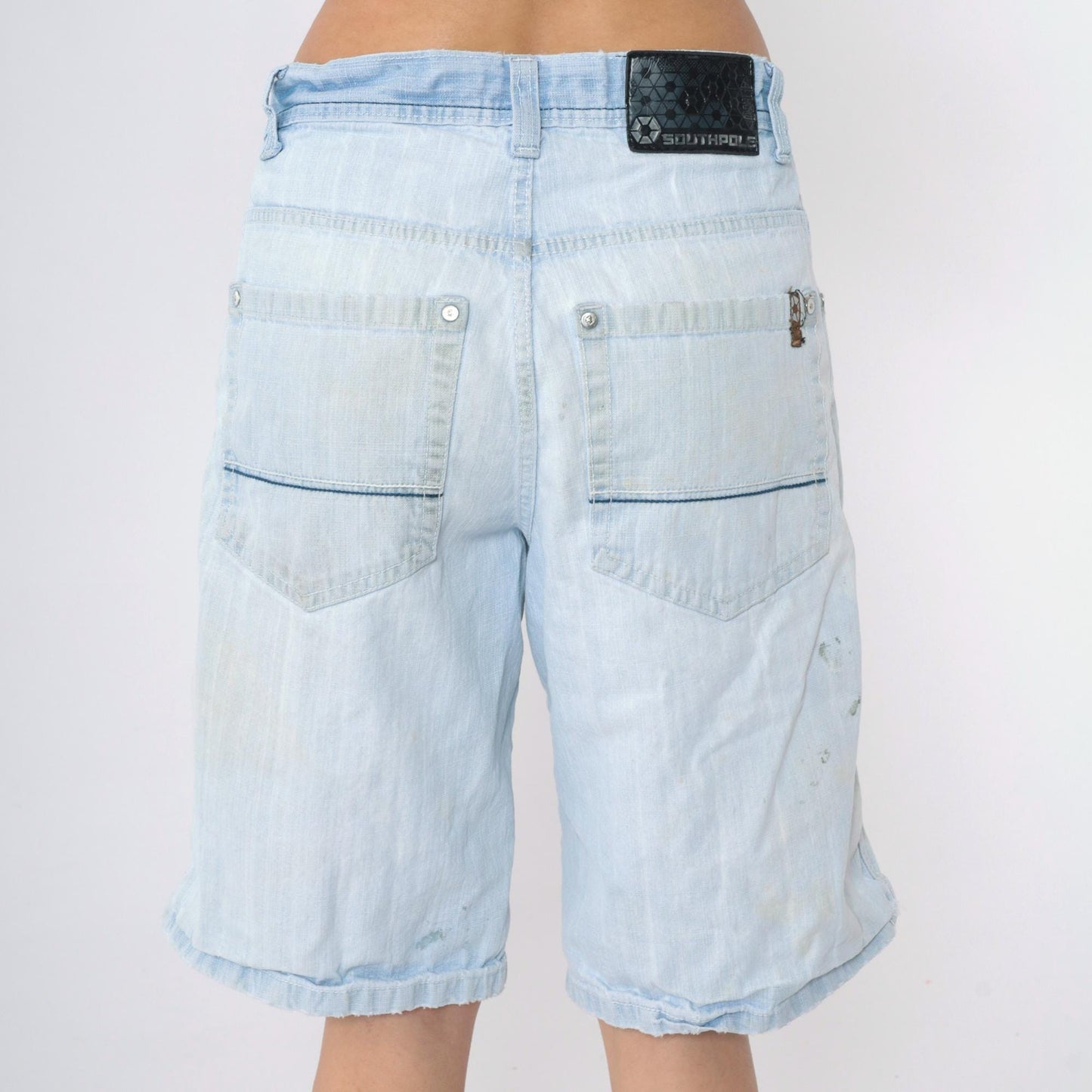Y2K South Pole Denim Shorts Light Wash Ripped High Waist Knee Length 32