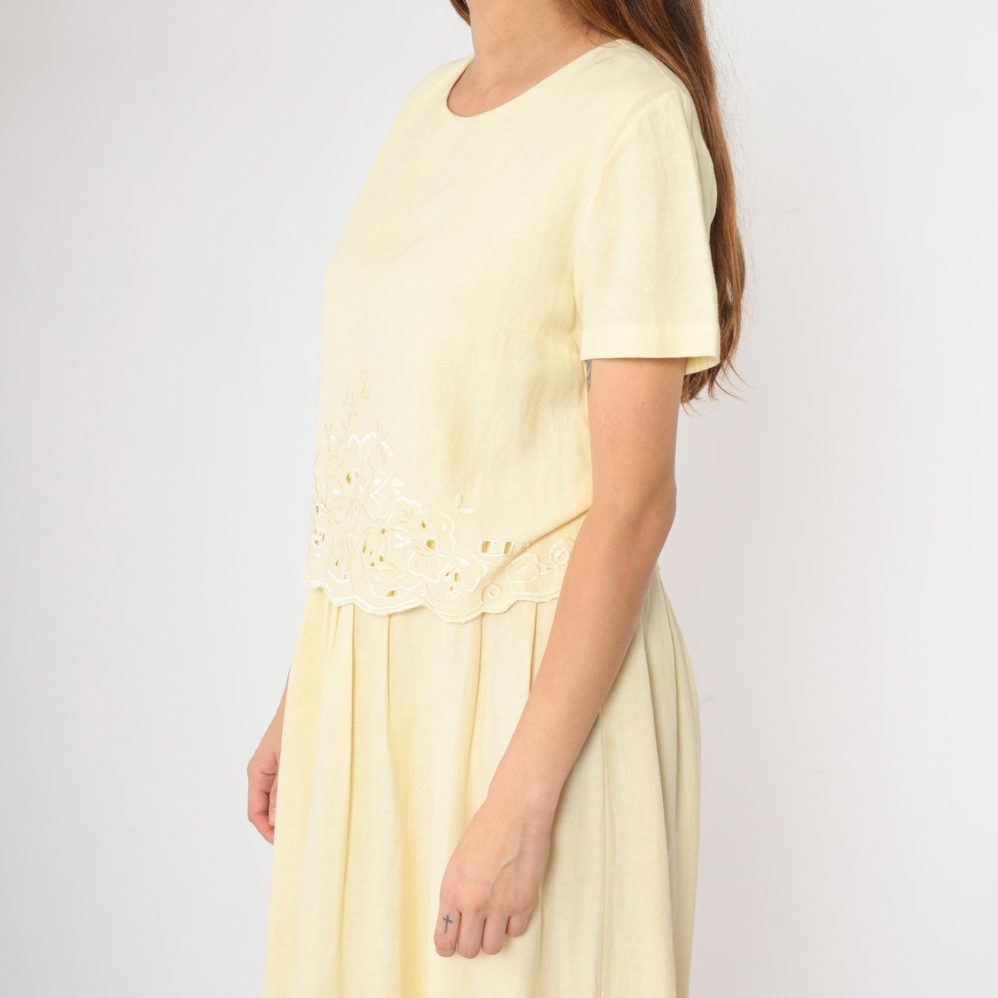 Y2K Coldwater Creek Floral Embroidered Maxi Dress Yellow Eyelet Small 6