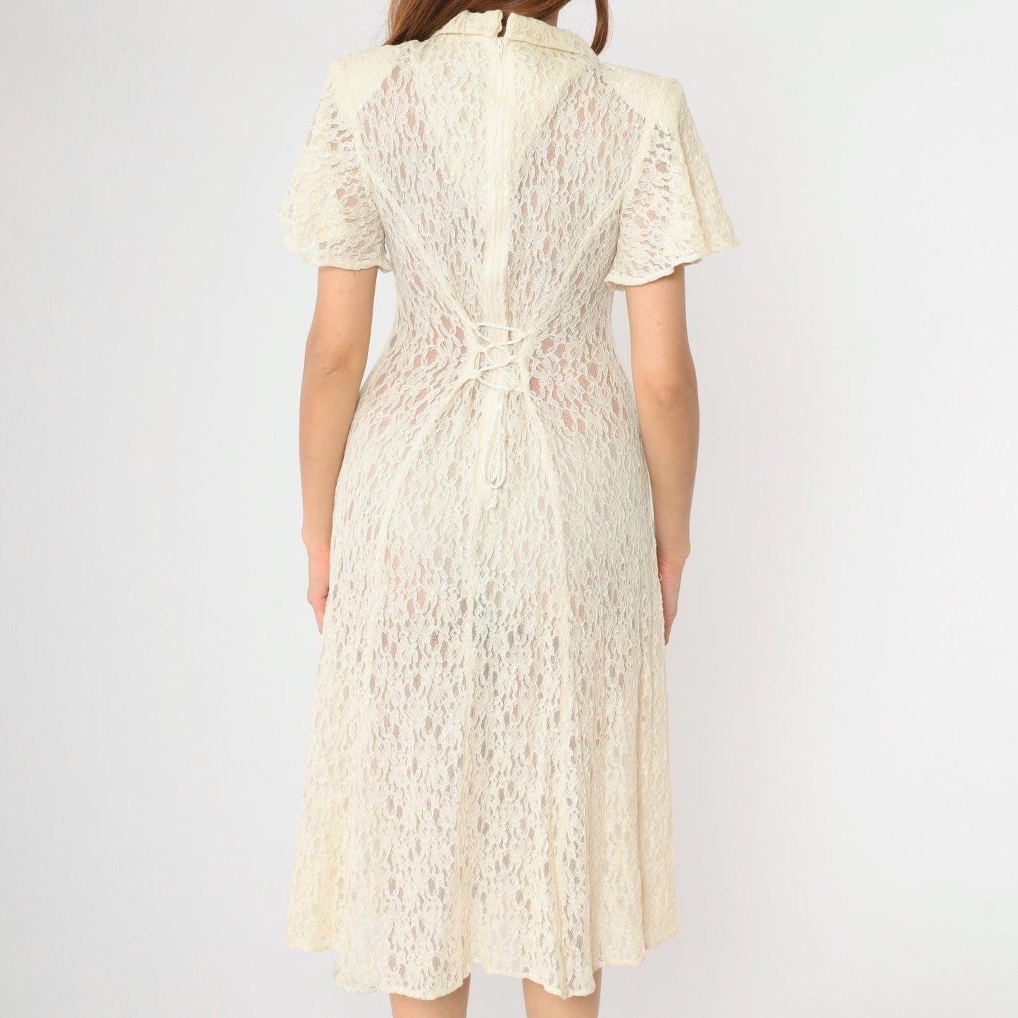 90s Cream Lace Midi Dress Short Sleeve Button Front Sheer Small S