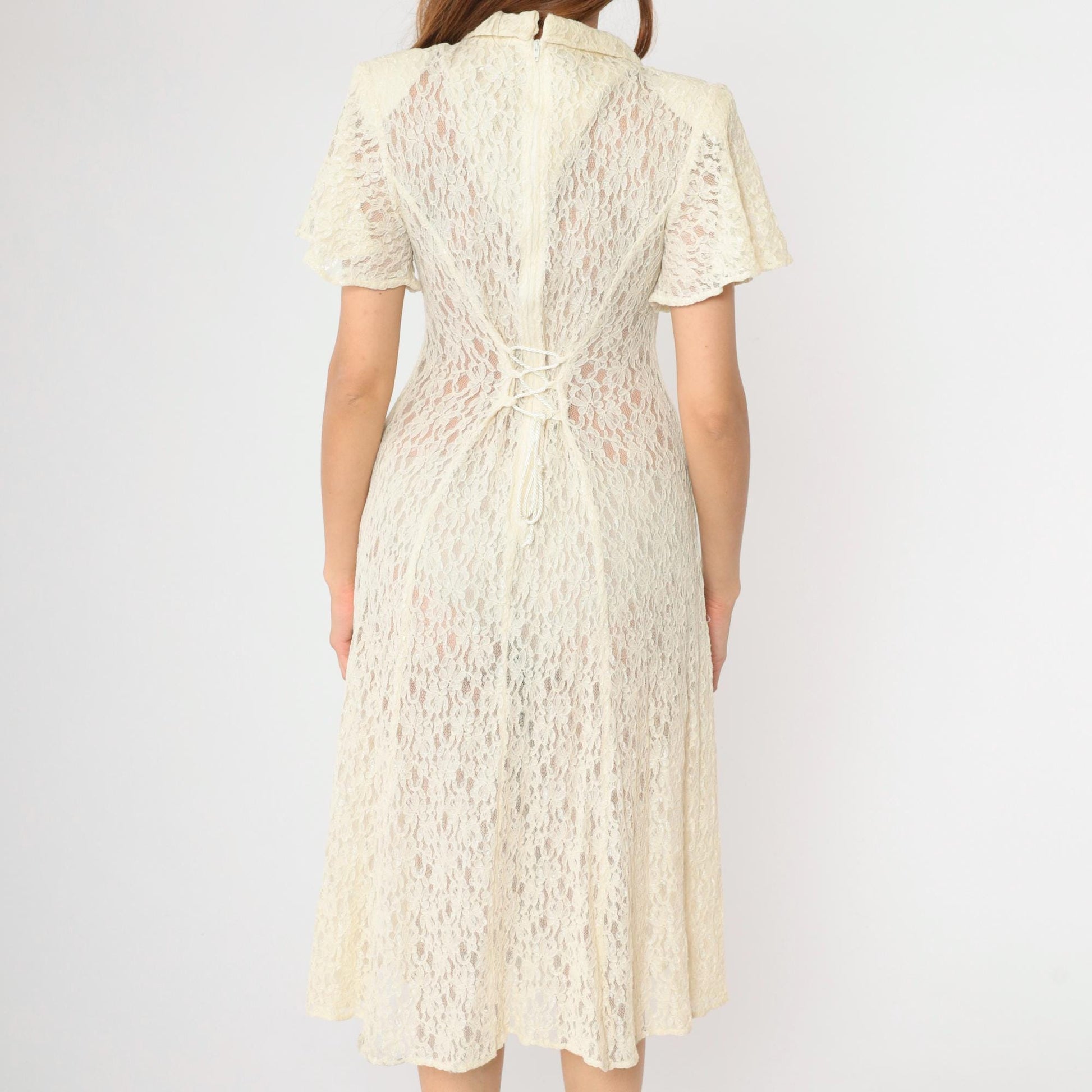 90s Cream Lace Midi Dress Short Sleeve Button Front Sheer Small S