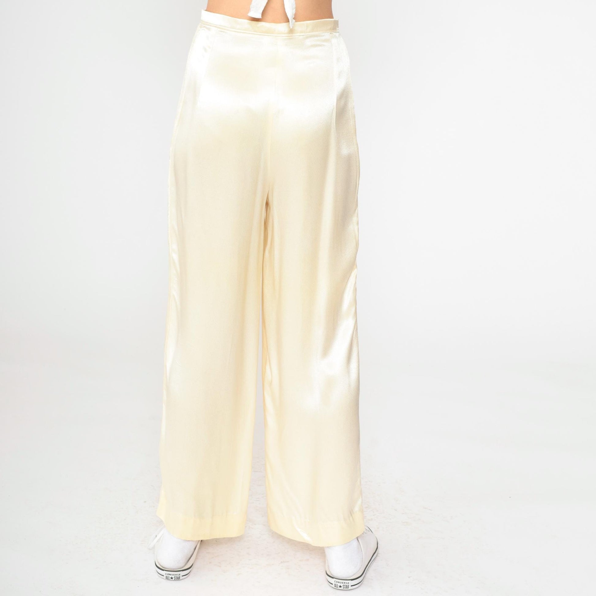 80s Cream Satin High-Rise Wide-Leg Trousers Small S