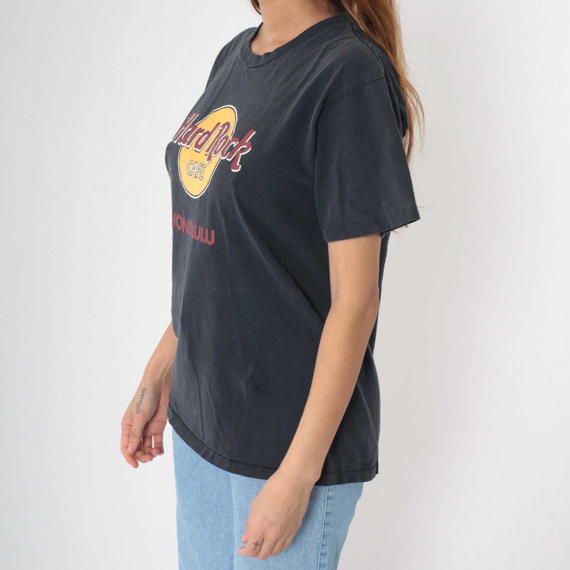 90s Hard Rock Cafe Honolulu Graphic T-Shirt Black Single Stitch Medium M