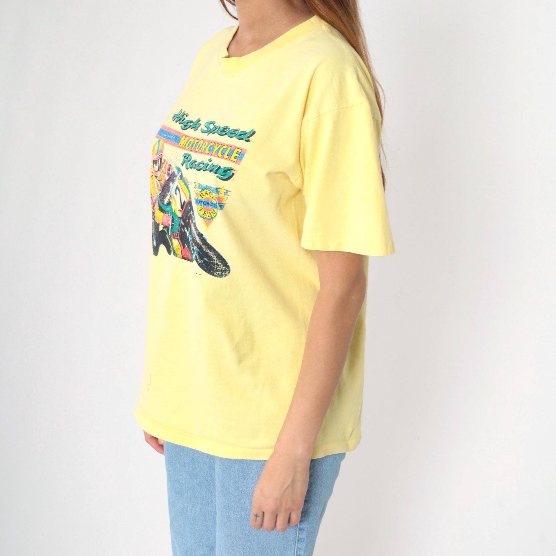 90s High Speed Motorcycle Racing Graphic T-Shirt Yellow Medium
