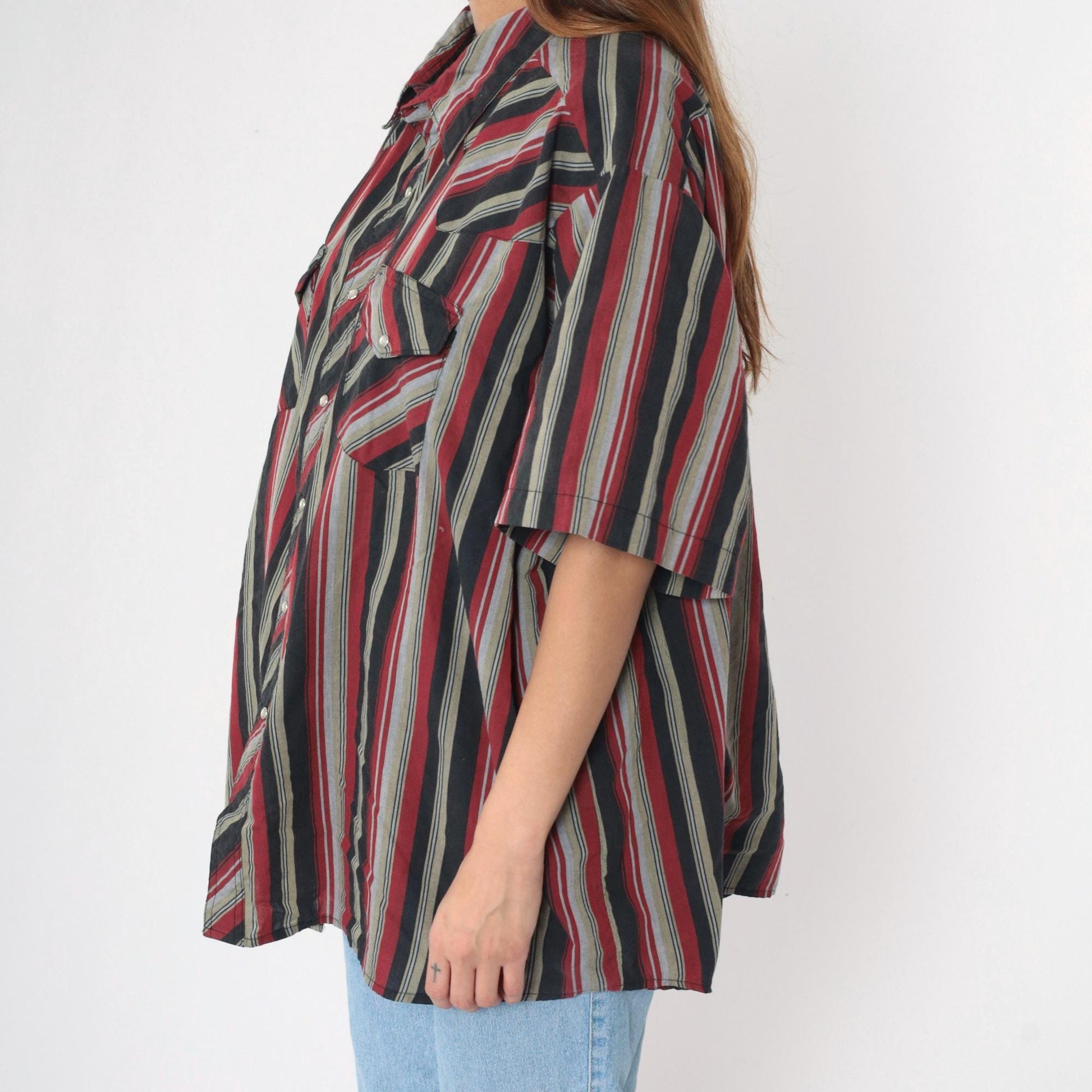 90s Rustler by Wrangler Western Shirt Pearl Snap Red Grey Black Striped Plus Size 3XL