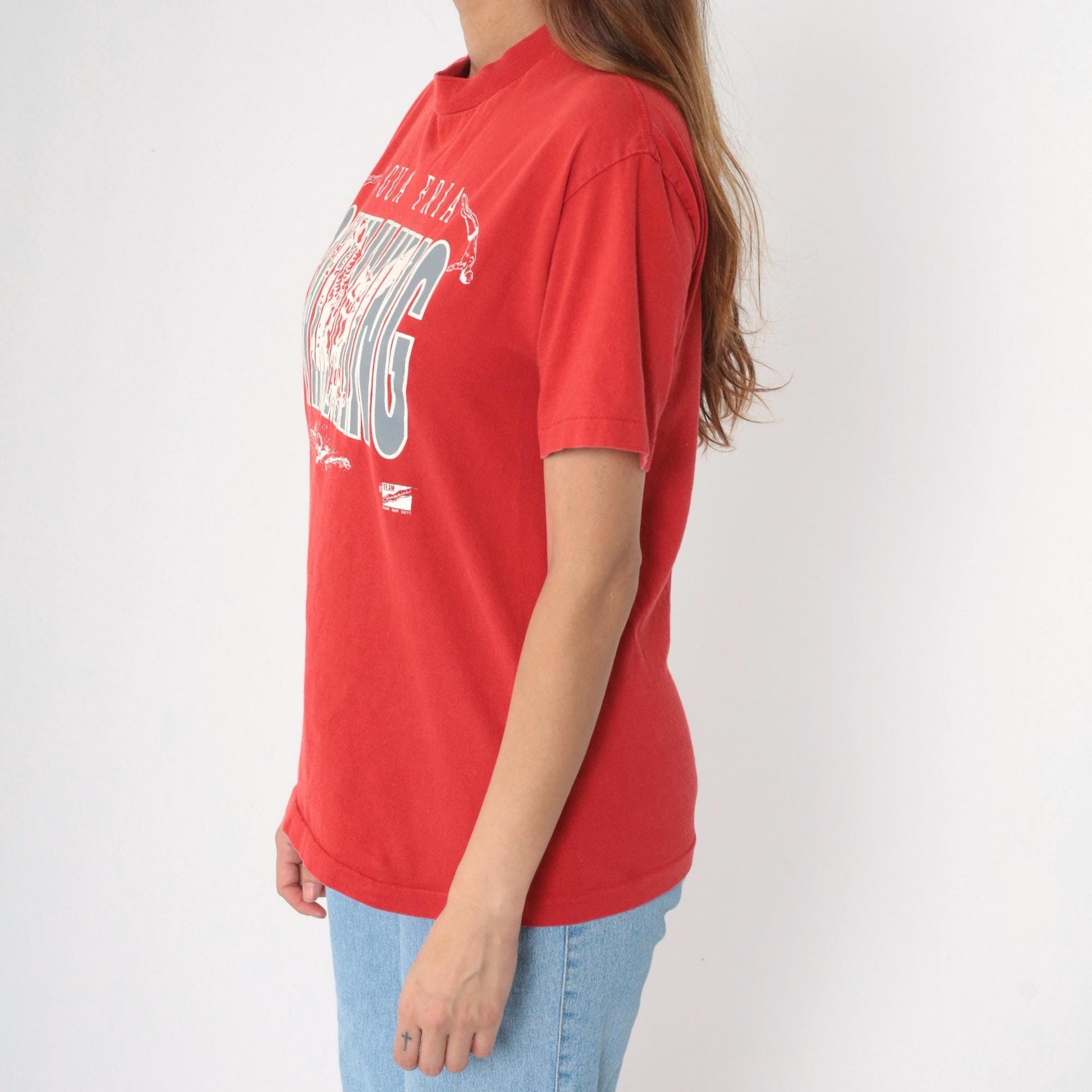 90s Agua Fria Swimming Owl Graphic T-Shirt Red Cotton Tee Medium M