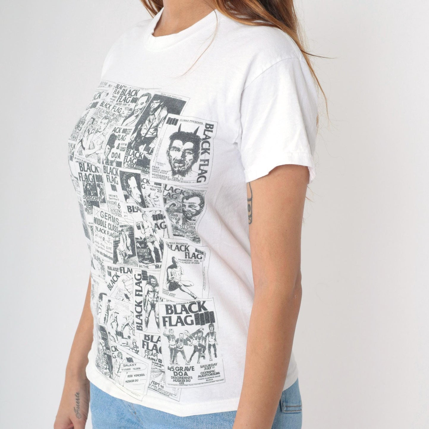 Y2K Black Flag Punk Band Flyers White Graphic Tee Youth Large XS