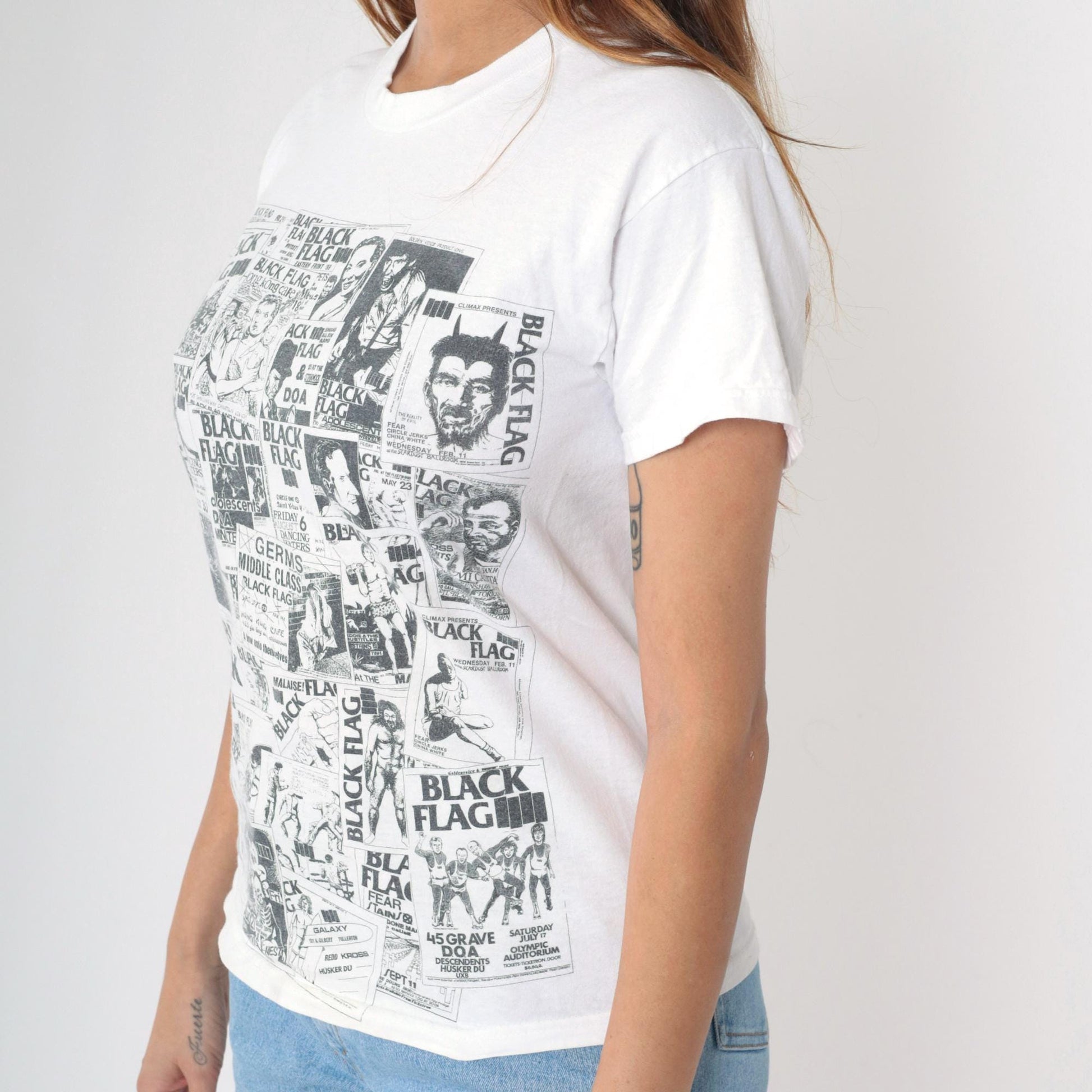 Y2K Black Flag Punk Band Flyers White Graphic Tee Youth Large XS