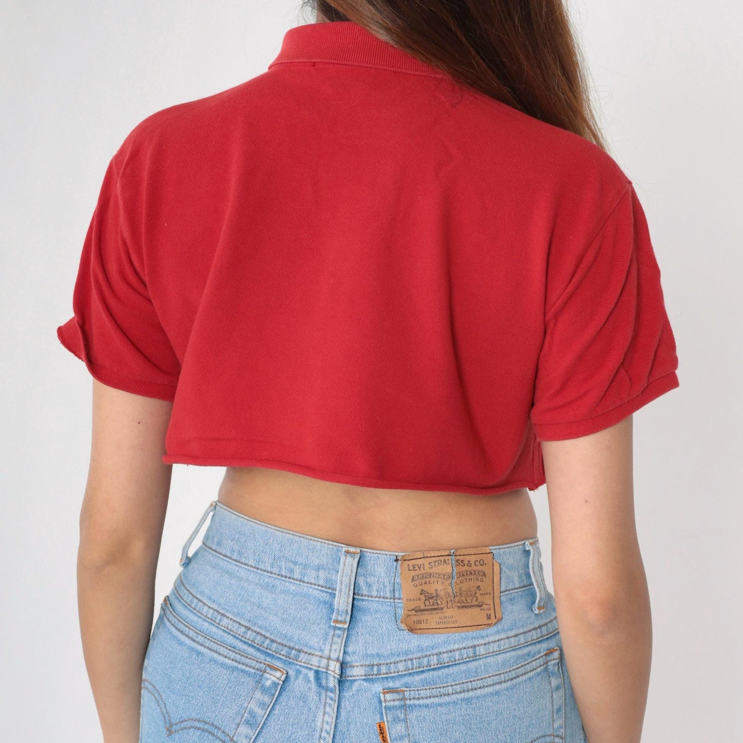 90s Ralph Lauren Crop Top Red Polo Shirt Raw Hem Medium M