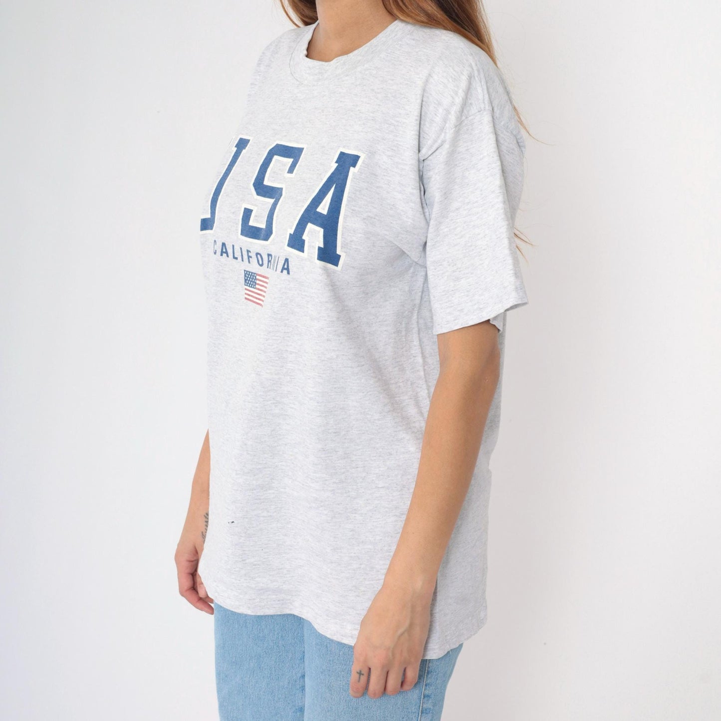 90s California USA American Flag Graphic T-Shirt Heather Grey Large L