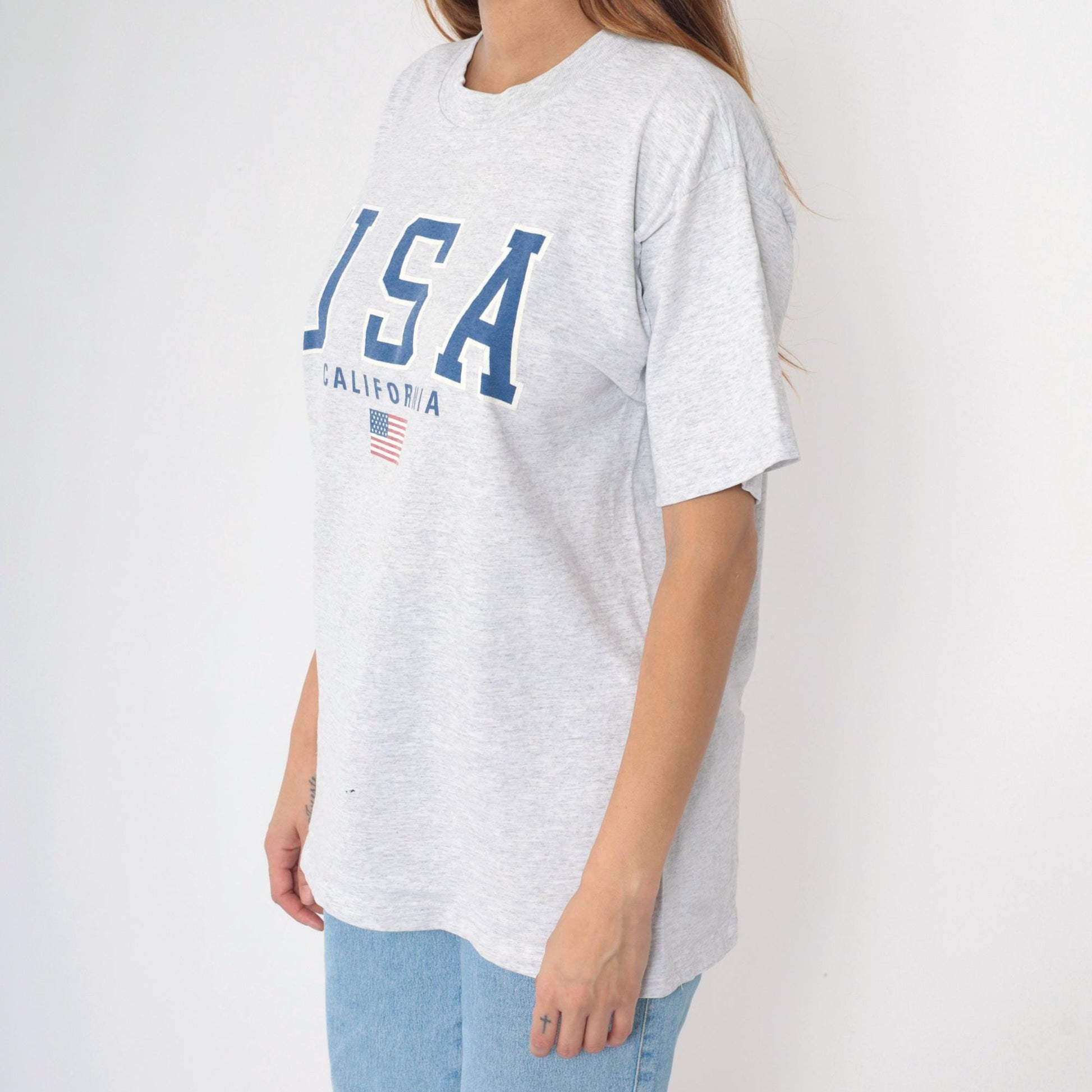 90s California USA American Flag Graphic T-Shirt Heather Grey Large L