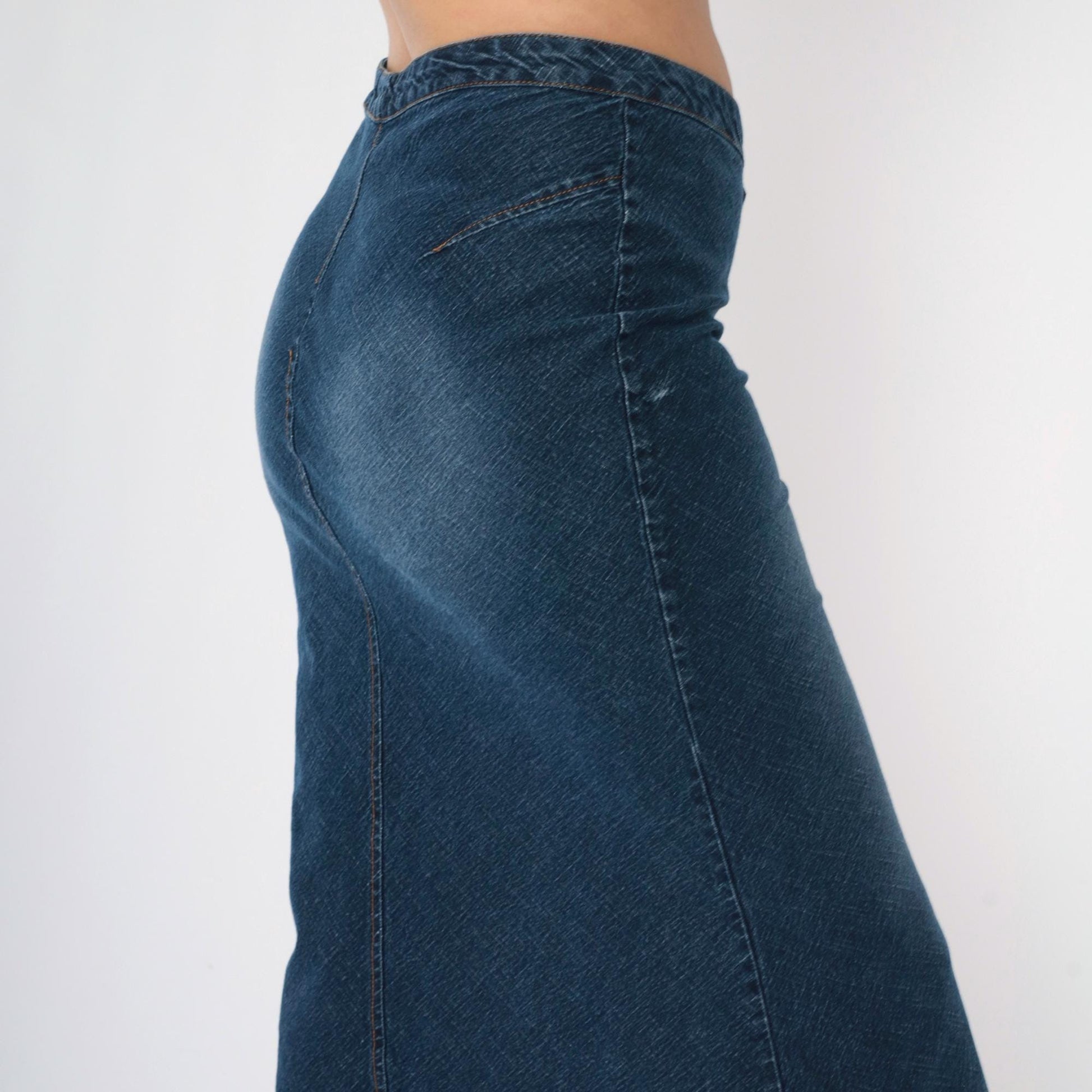 Y2K Dark Wash Denim Maxi Skirt High Rise Flared Jean Faded Blue Medium