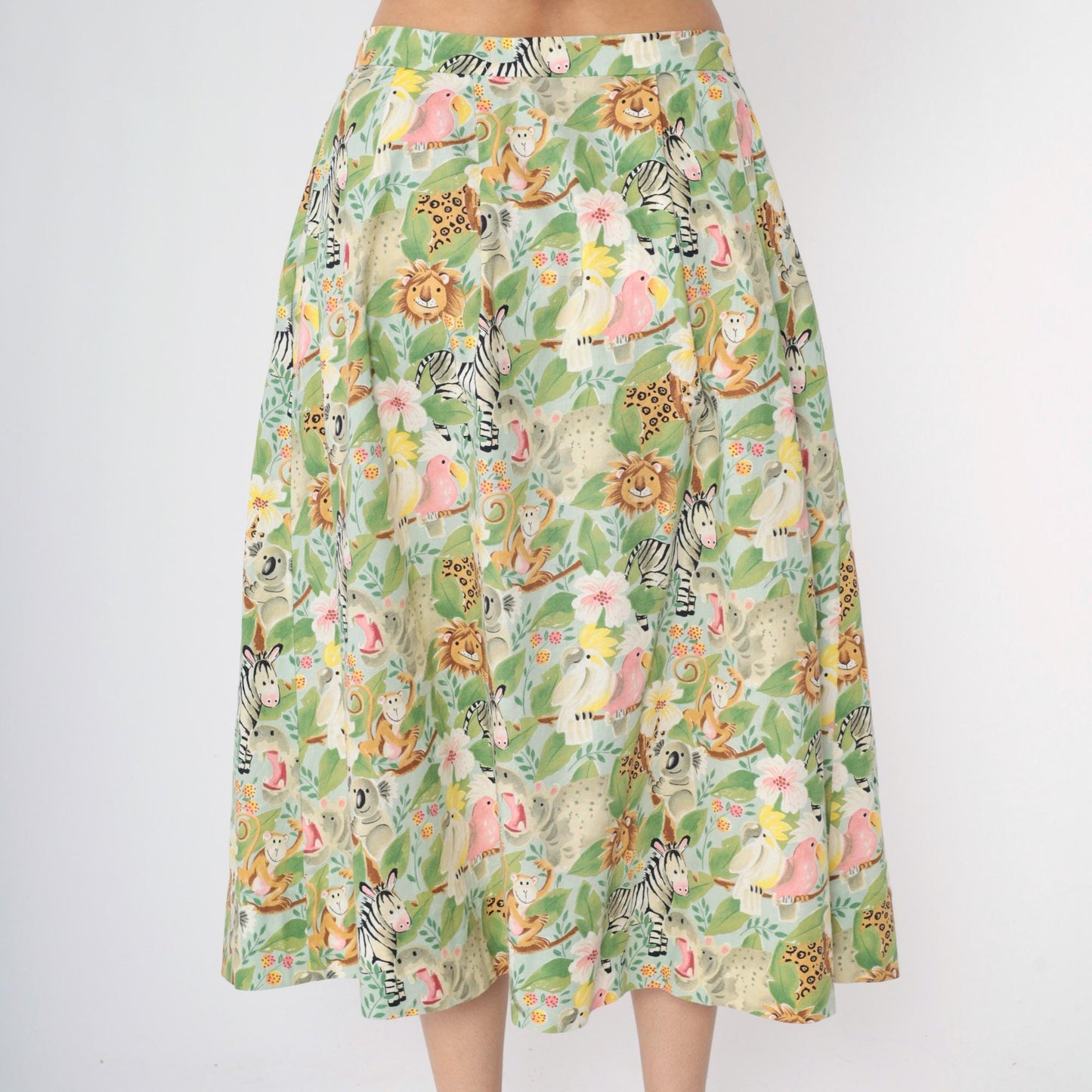 90s Safari Animal Print Midi Skirt Button Front Green Floral Medium