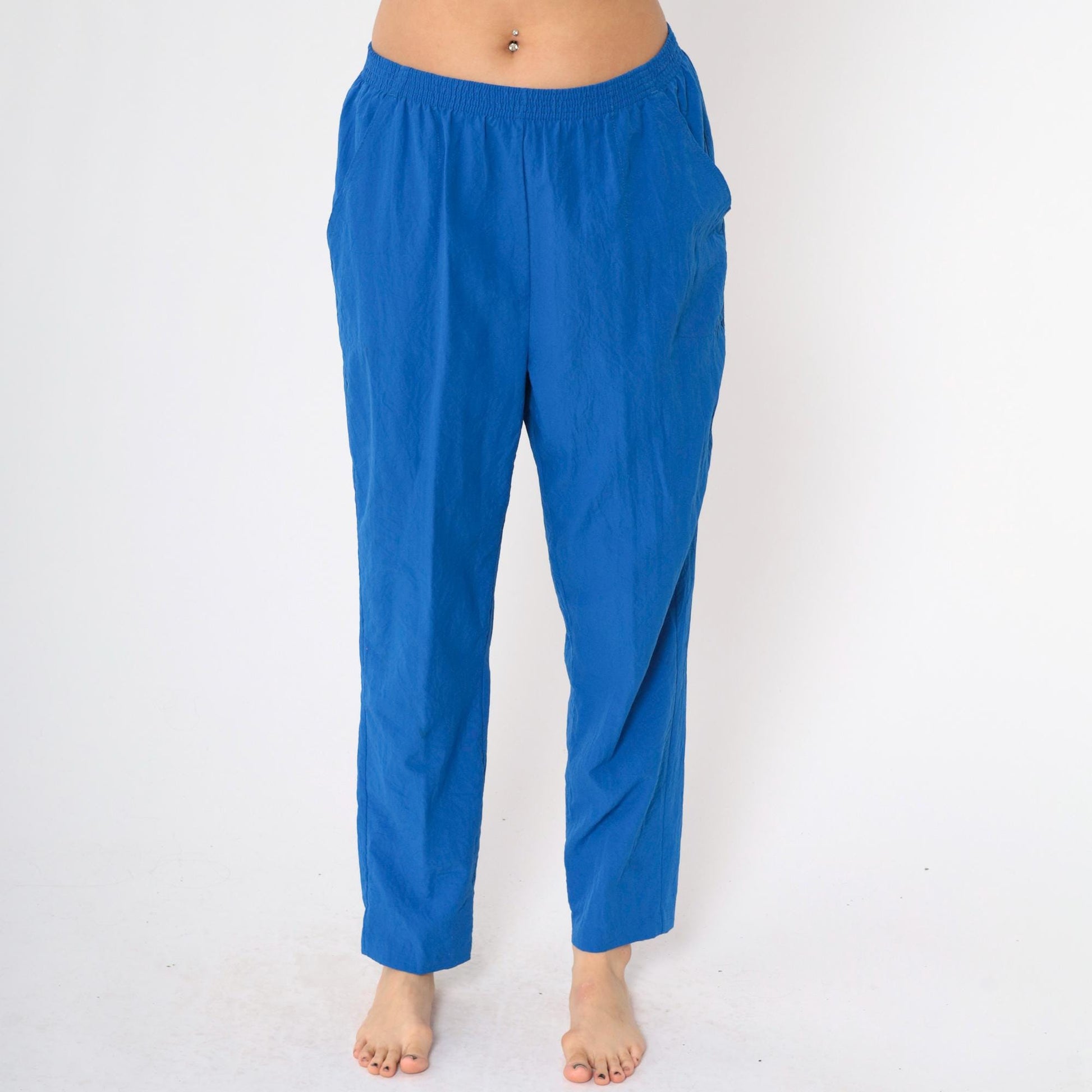 80s Blue Elastic Waist Tapered Trousers Pull-On Medium M