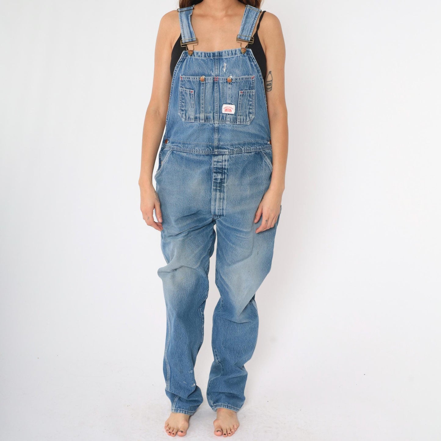 90s Round House Denim Overalls Distressed Blue Workwear Unisex Small