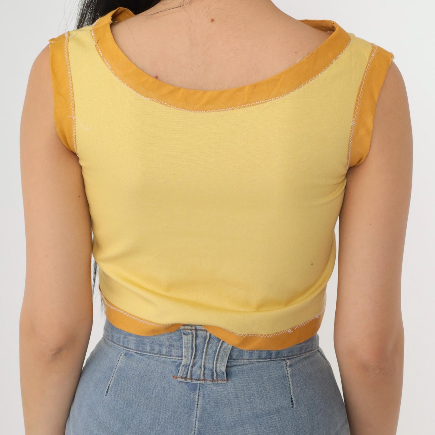 60s Yellow Ringer Crop Tank Top Sleeveless Blouse XXS