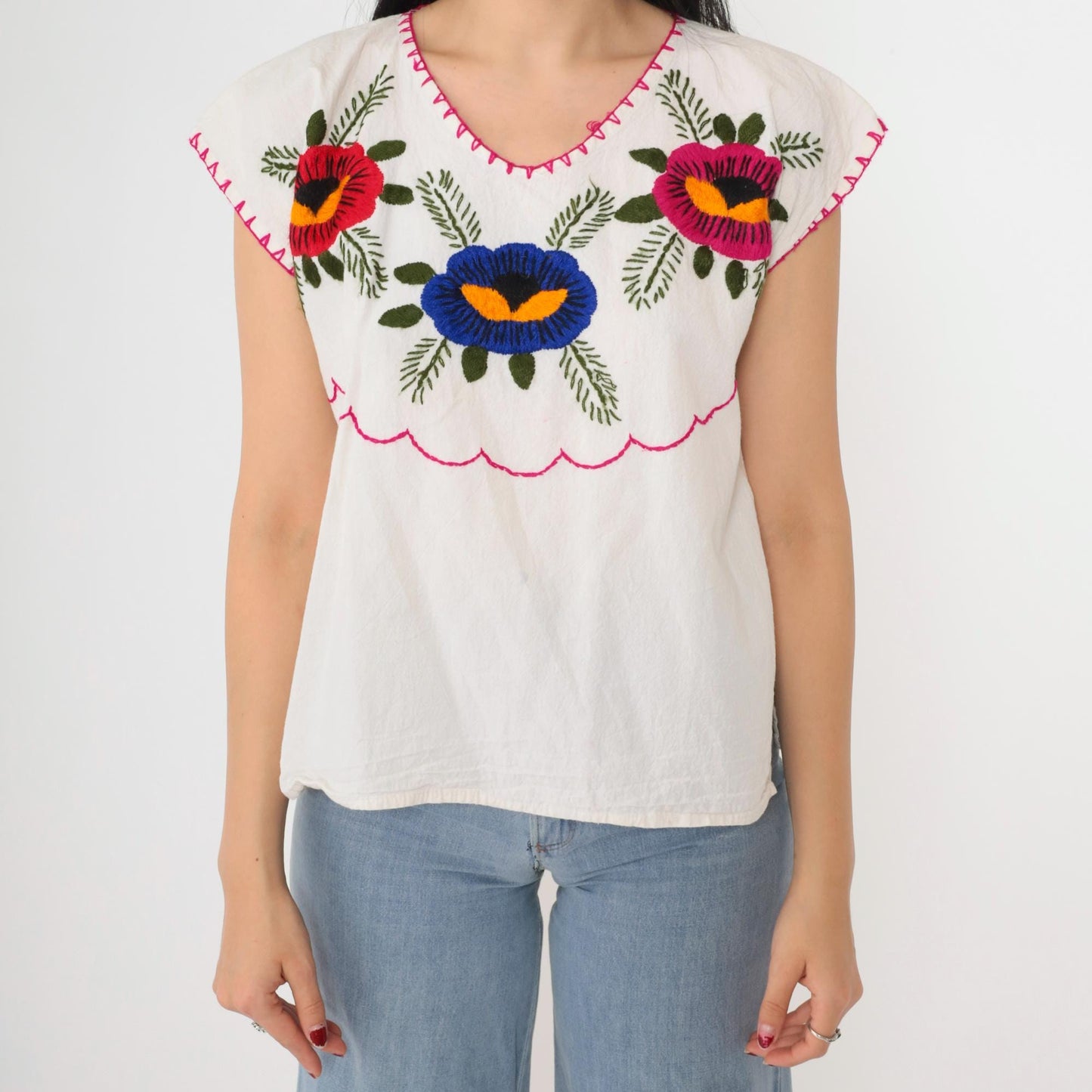 90s Mexican Floral Embroidered Blouse White Cotton Short Sleeve Medium