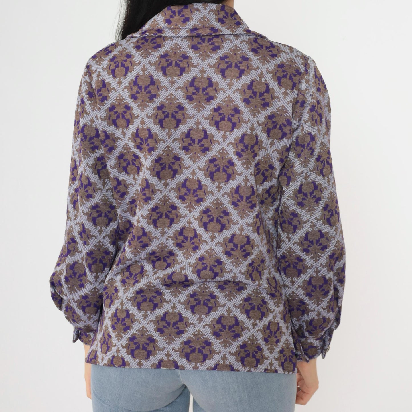 70s Geometric Damask Print Blouse Purple Brown Button Up Long Sleeve Medium M