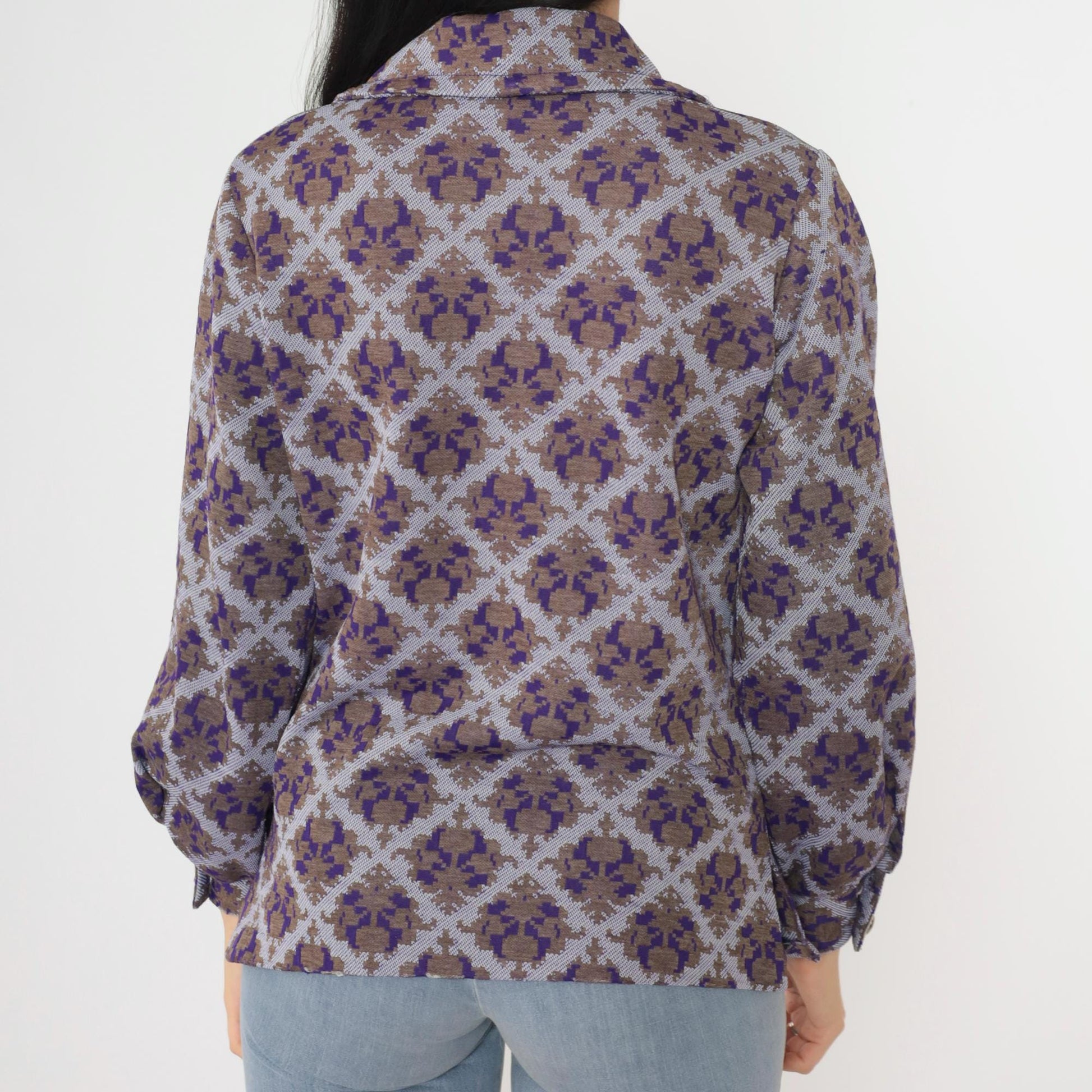 70s Geometric Damask Print Blouse Purple Brown Button Up Long Sleeve Medium M