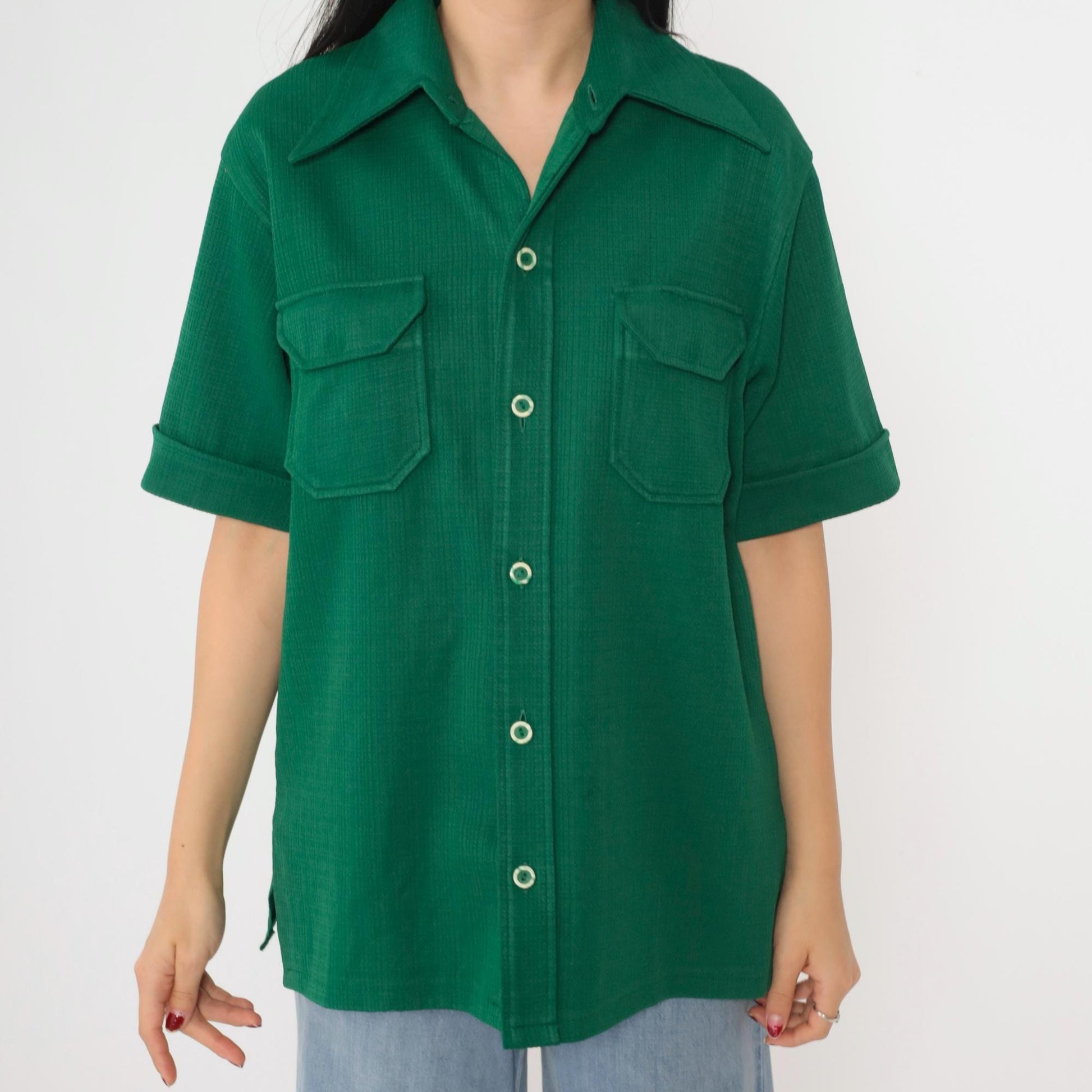 70s Green Button-Up Shirt Dagger Collar Short Sleeve Men's Medium